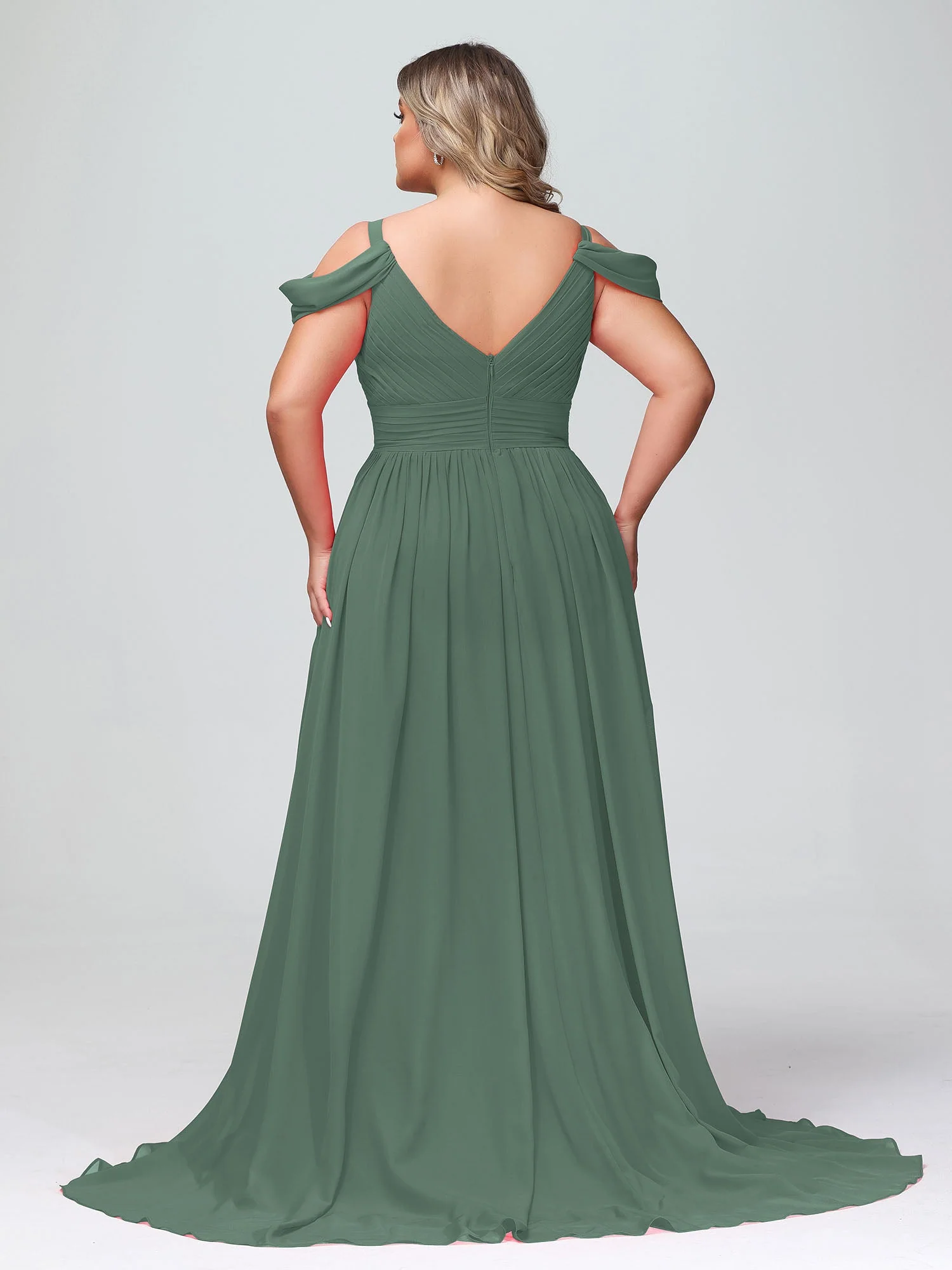 Tief V-Ausschnitt Sexy Chiffon Kleid mit Schlitz Eukalyptus - Image 8