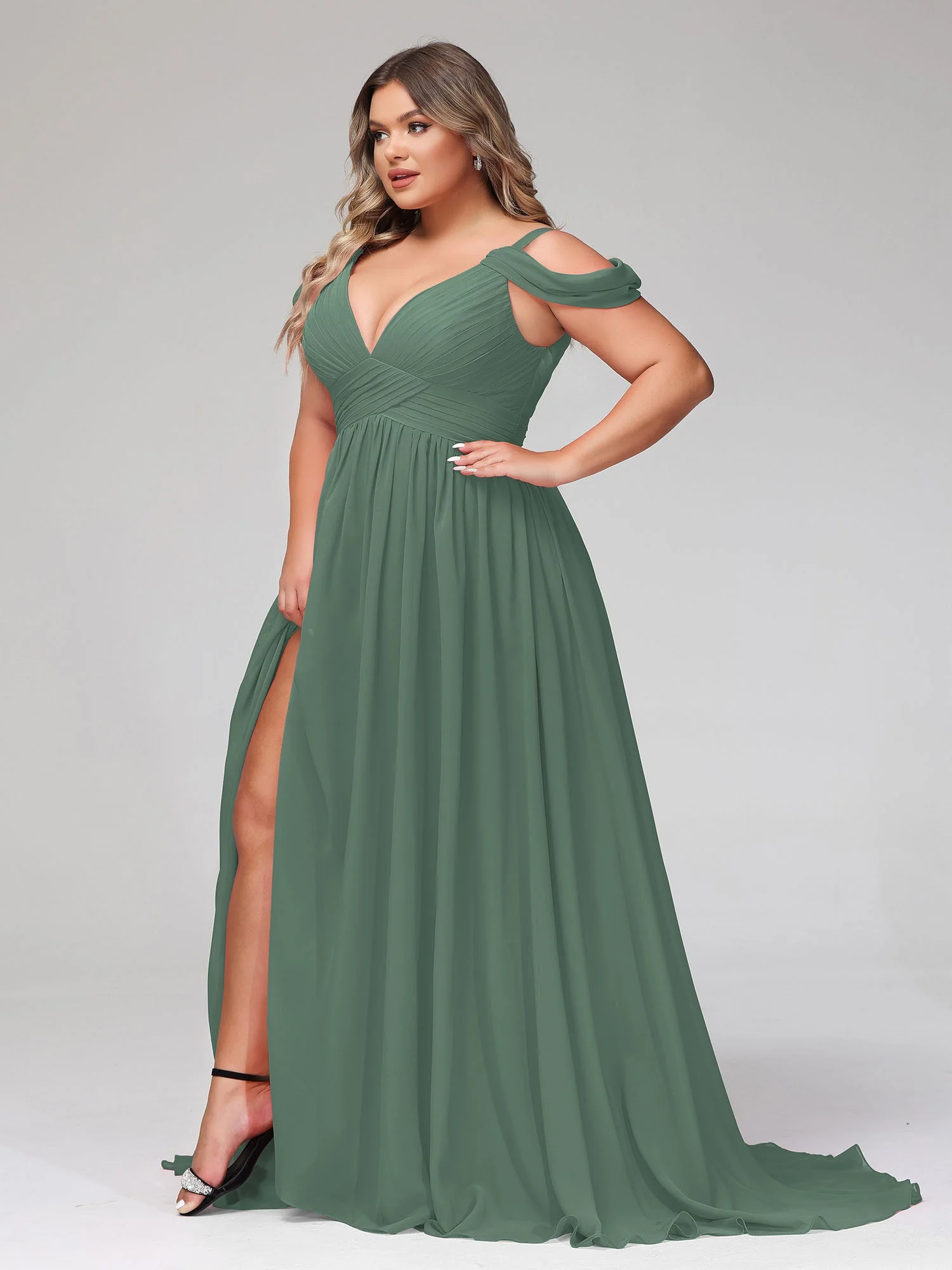 Tief V-Ausschnitt Sexy Chiffon Kleid mit Schlitz Eukalyptus - Image 9
