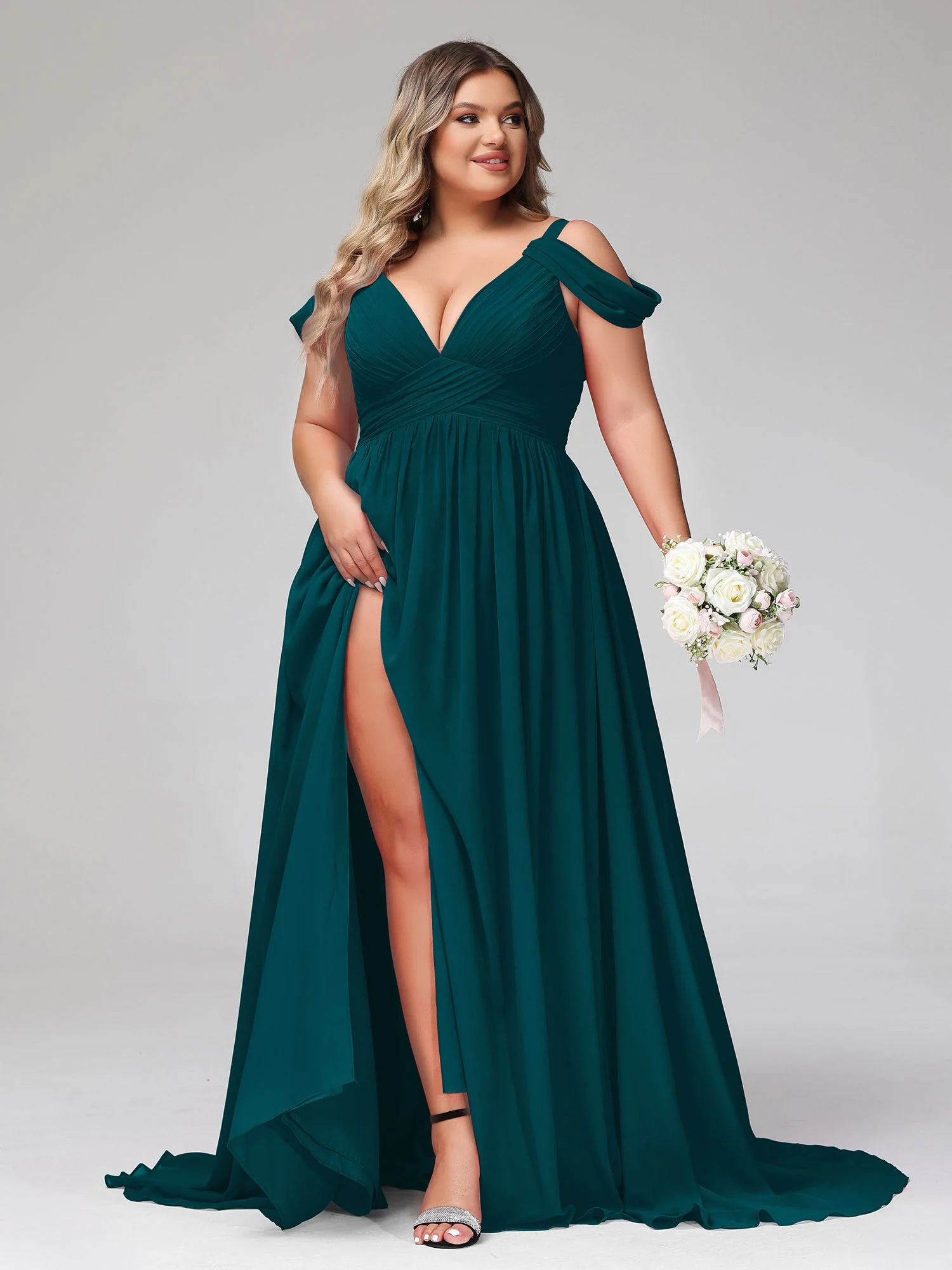 Tief V-Ausschnitt Sexy Chiffon Kleid mit Schlitz Kieferngrün - Image 10