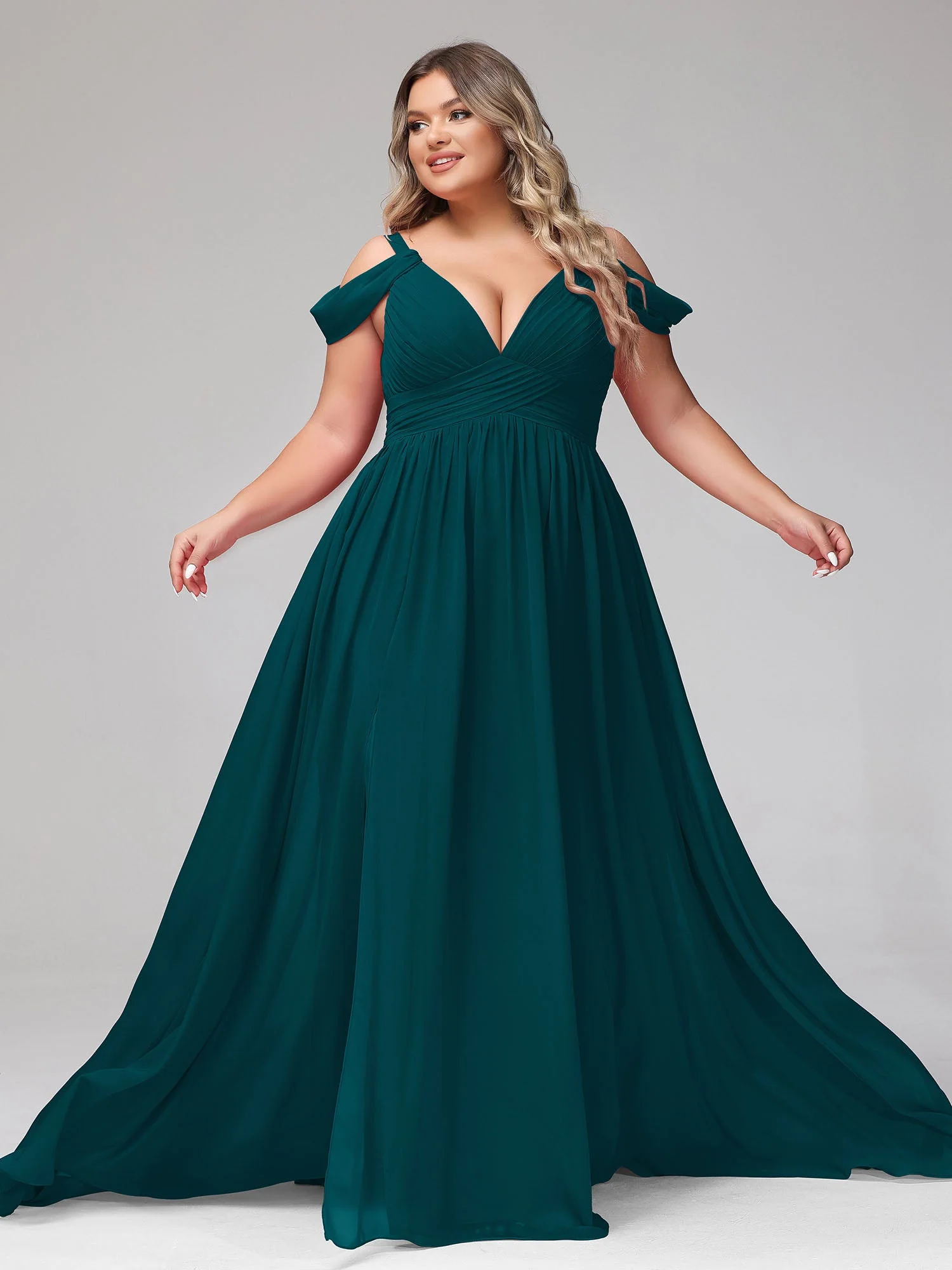 Tief V-Ausschnitt Sexy Chiffon Kleid mit Schlitz Kieferngrün - Image 12