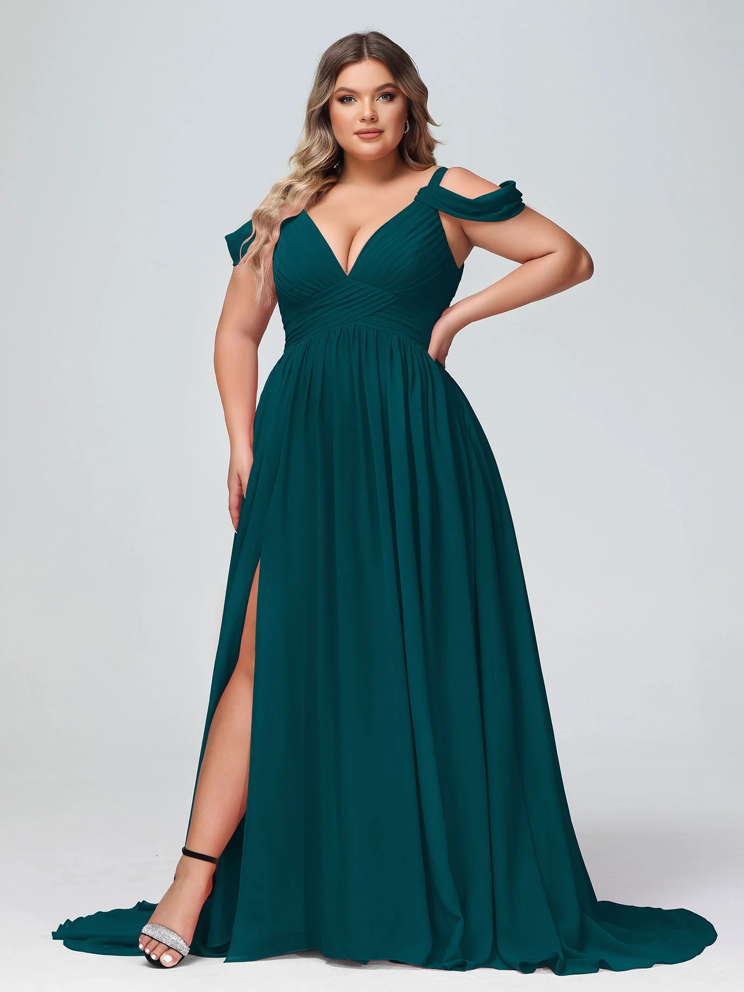 Tief V-Ausschnitt Sexy Chiffon Kleid mit Schlitz Kieferngrün - Image 7
