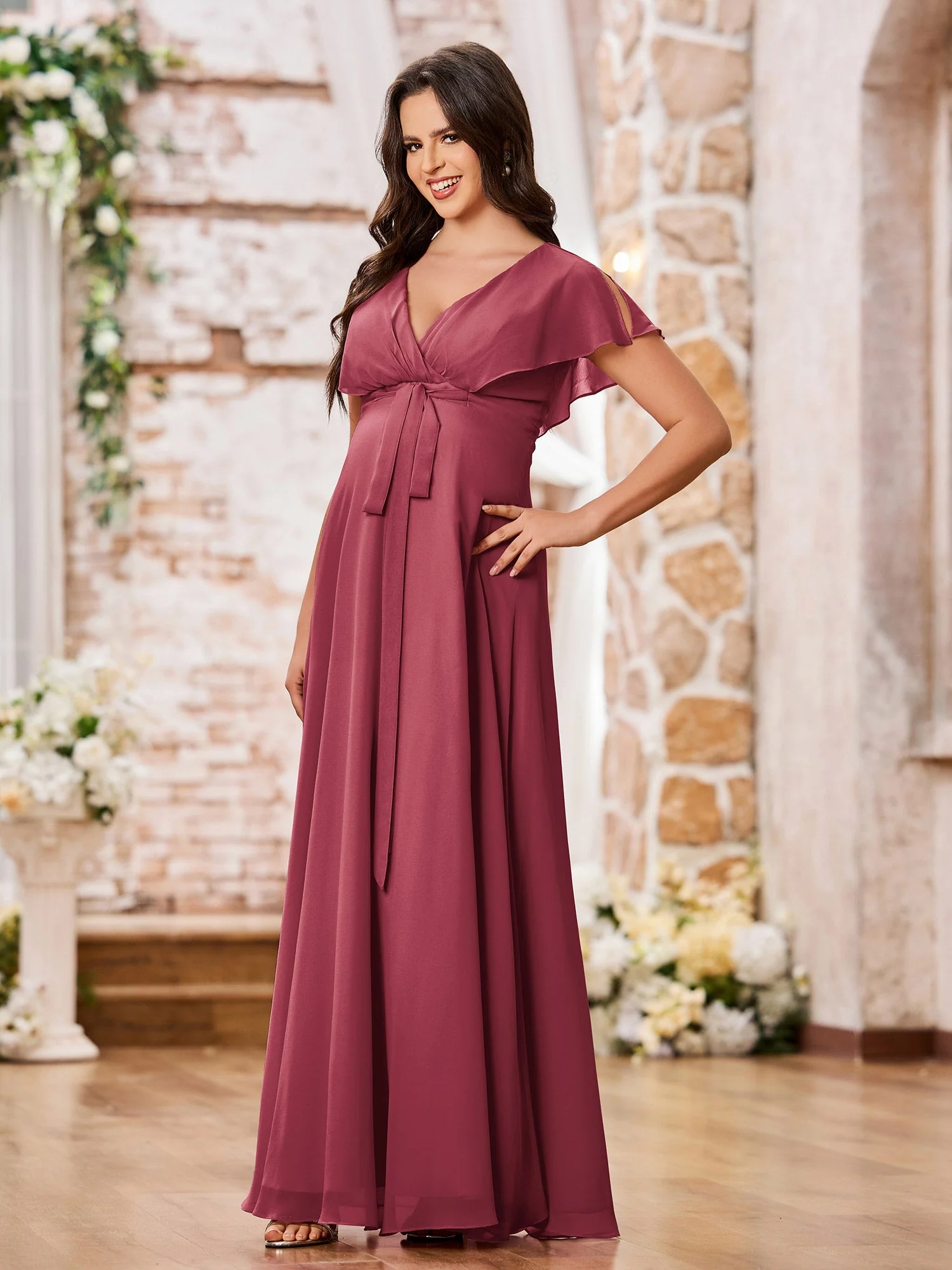 Tiefer V-Ausschnitt A-Linie Empire-Taille Lang Chiffon Kleider Zimtrose - Image 3