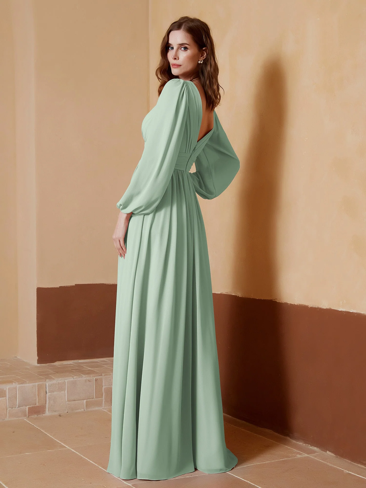 Tiefer V-Ausschnitt Bodenlang Kleid mit Schlitz Agavengrün - Image 2