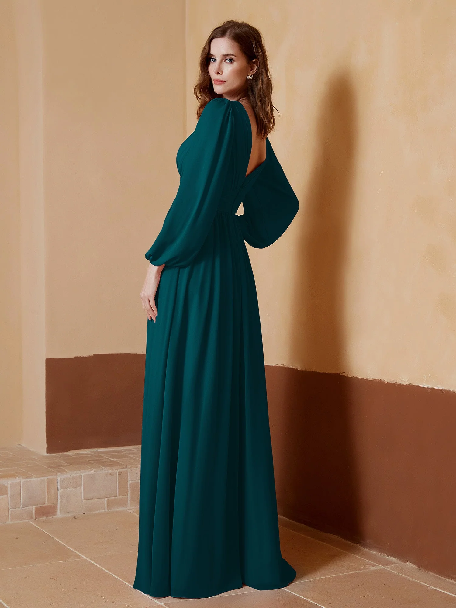 Tiefer V-Ausschnitt Bodenlang Kleid mit Schlitz Kieferngrün - Image 2