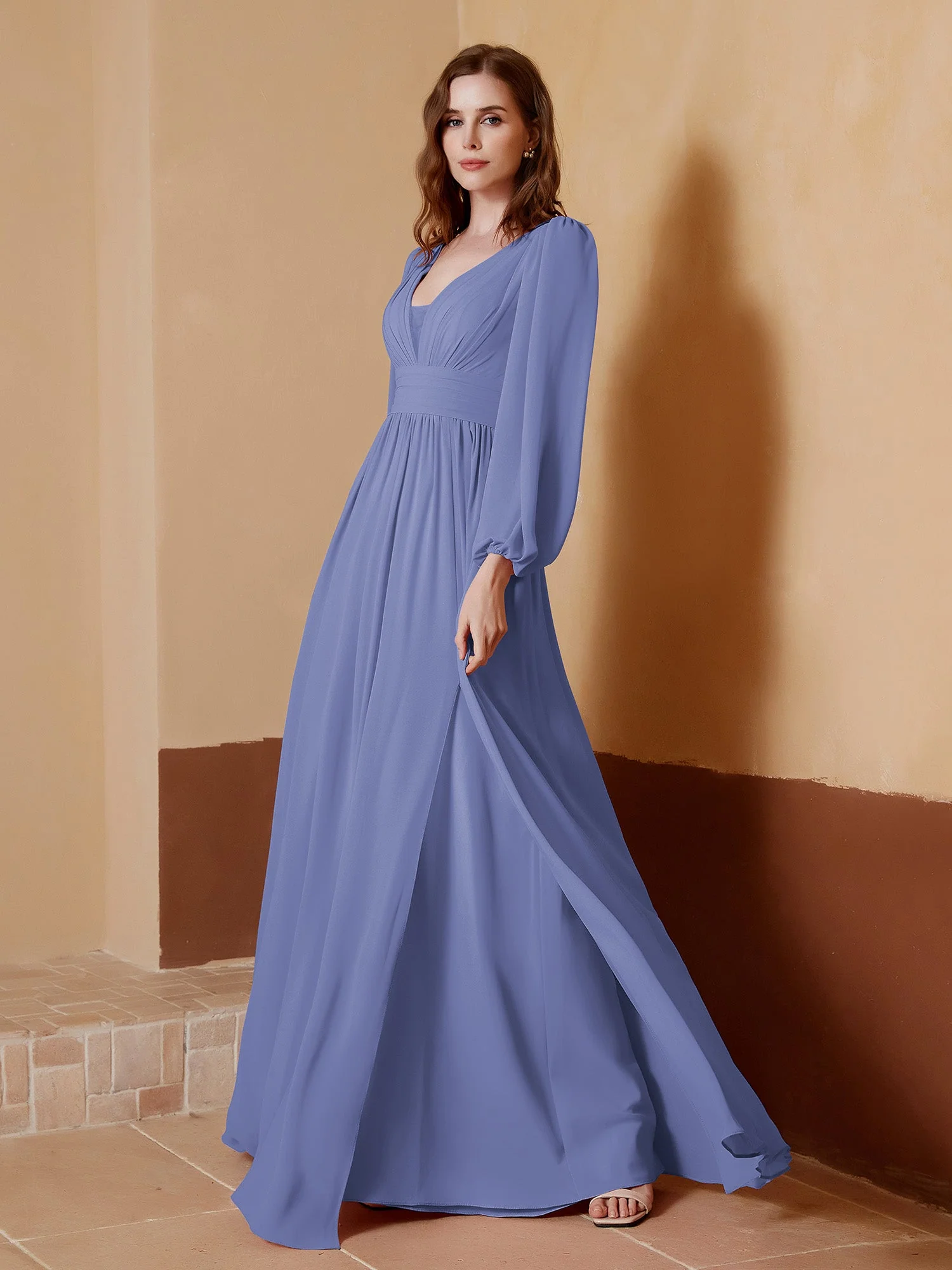 Tiefer V-Ausschnitt Bodenlang Kleid mit Schlitz Periwinkleblau - Image 3