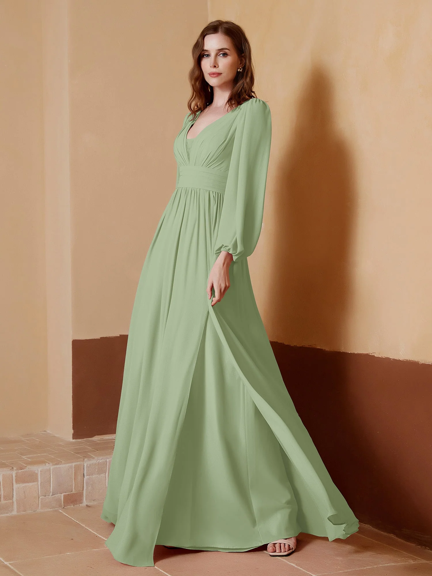 Tiefer V-Ausschnitt Bodenlang Kleid mit Schlitz Sale - Image 6