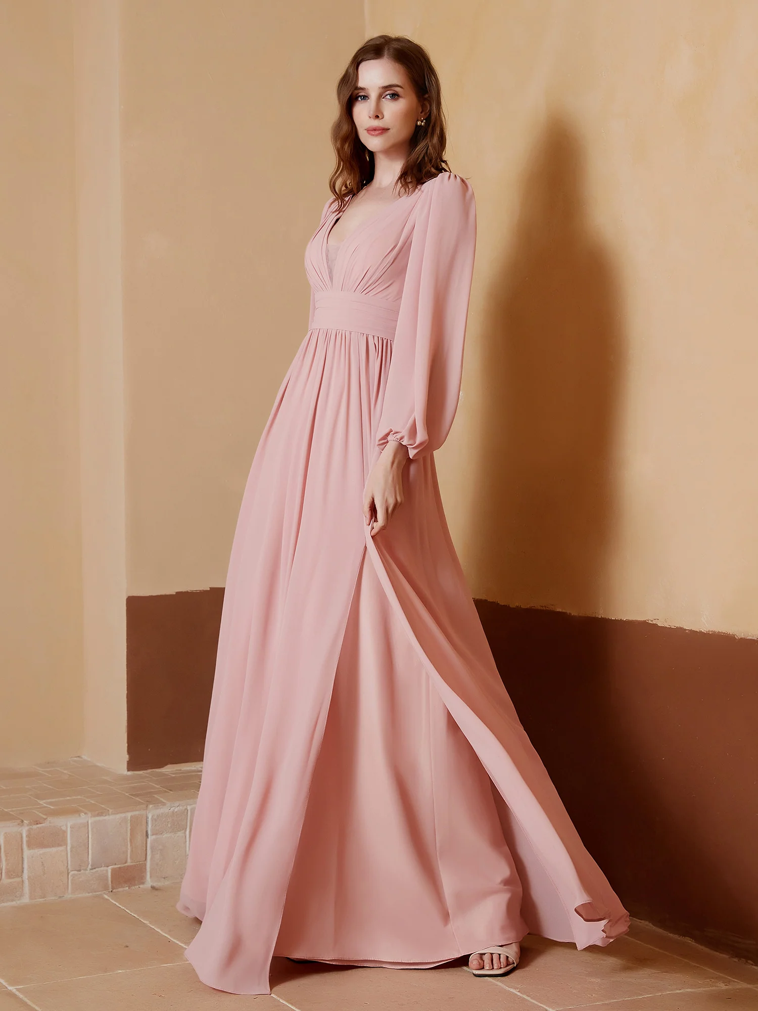 Tiefer V-Ausschnitt Bodenlang Kleid mit Schlitz Sale - Image 9