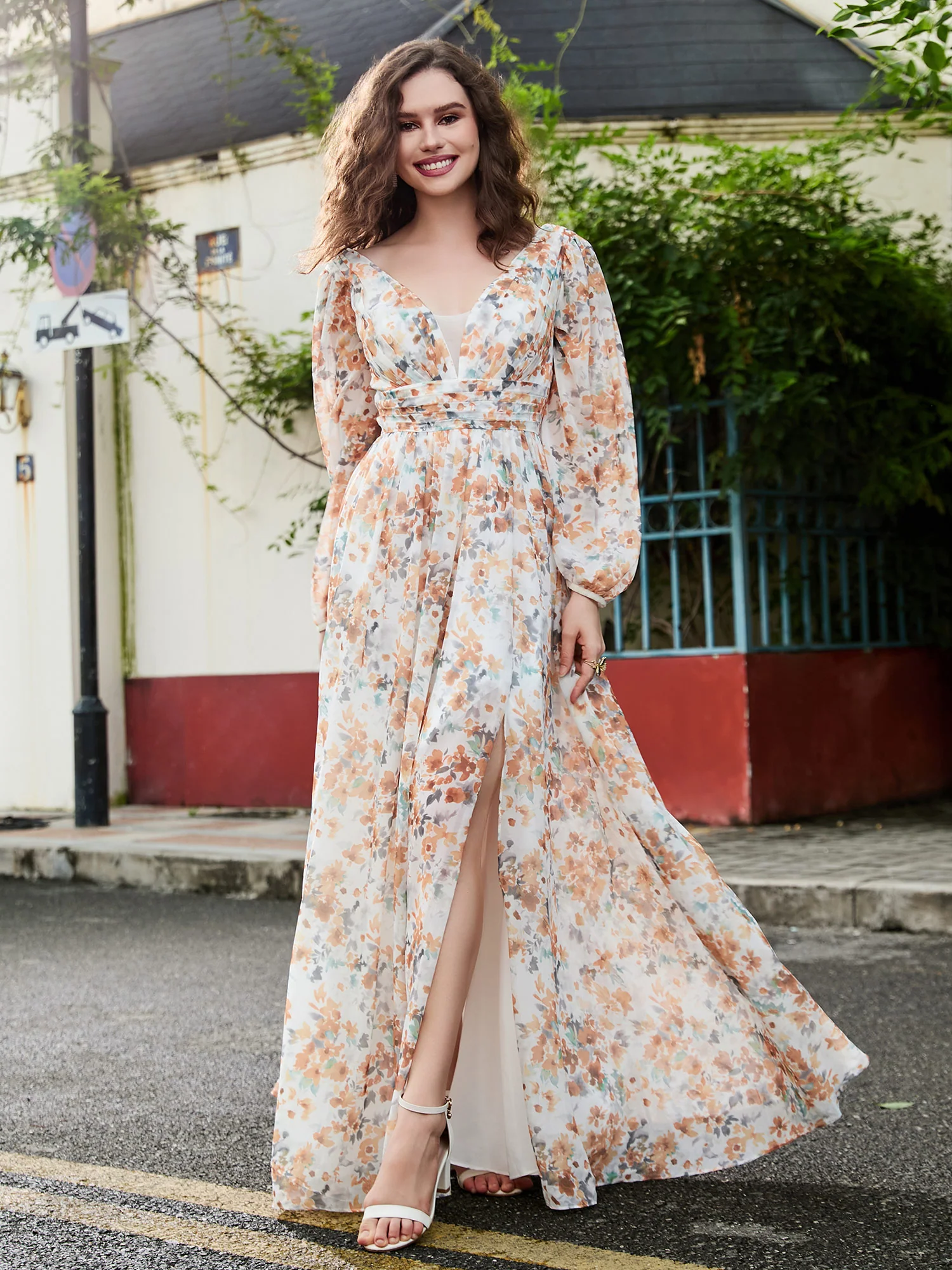 Tiefer V-Ausschnitt Bodenlang Kleid mit Schlitz Sunset Blumen - Image 4