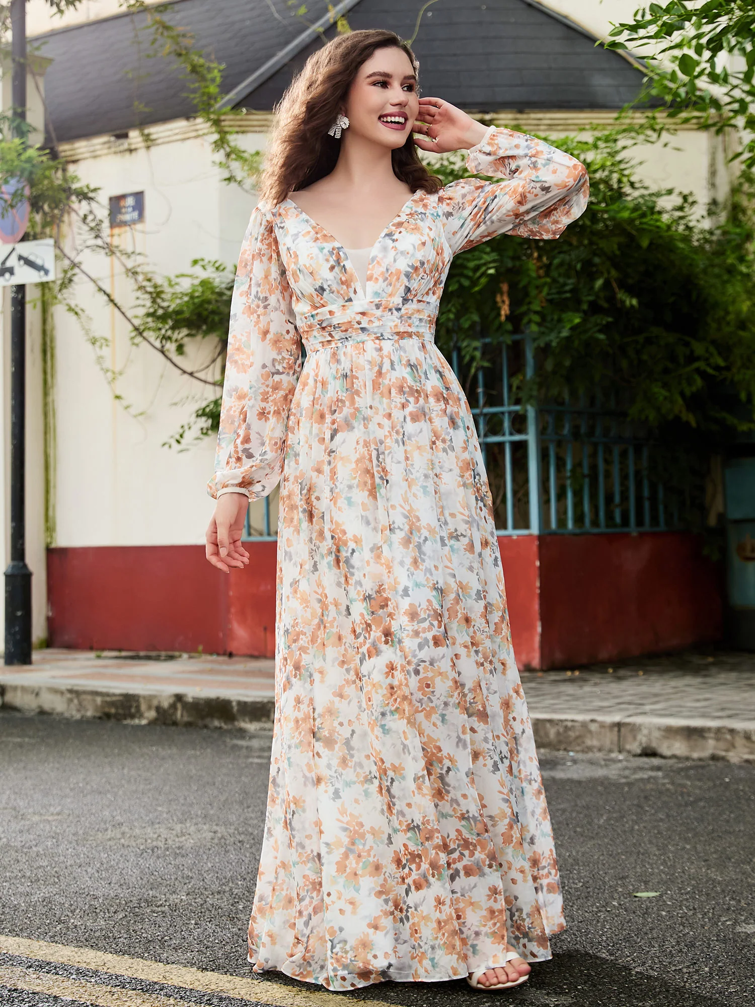 Tiefer V-Ausschnitt Bodenlang Kleid mit Schlitz Sunset Blumen - Image 5