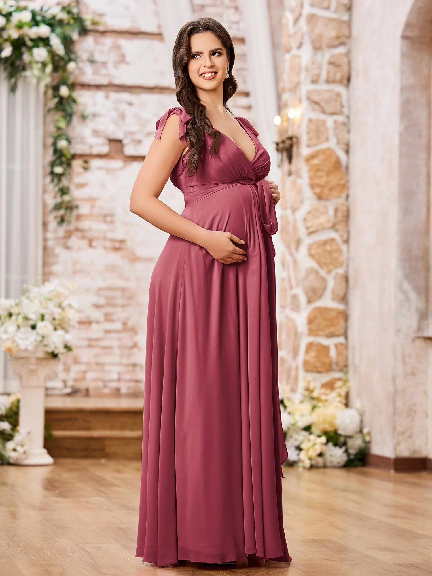 Tiefer V-Ausschnitt Chiffon Schwangere Umstandskleider mit Schulter-Schleifen Zimtrose - Image 3