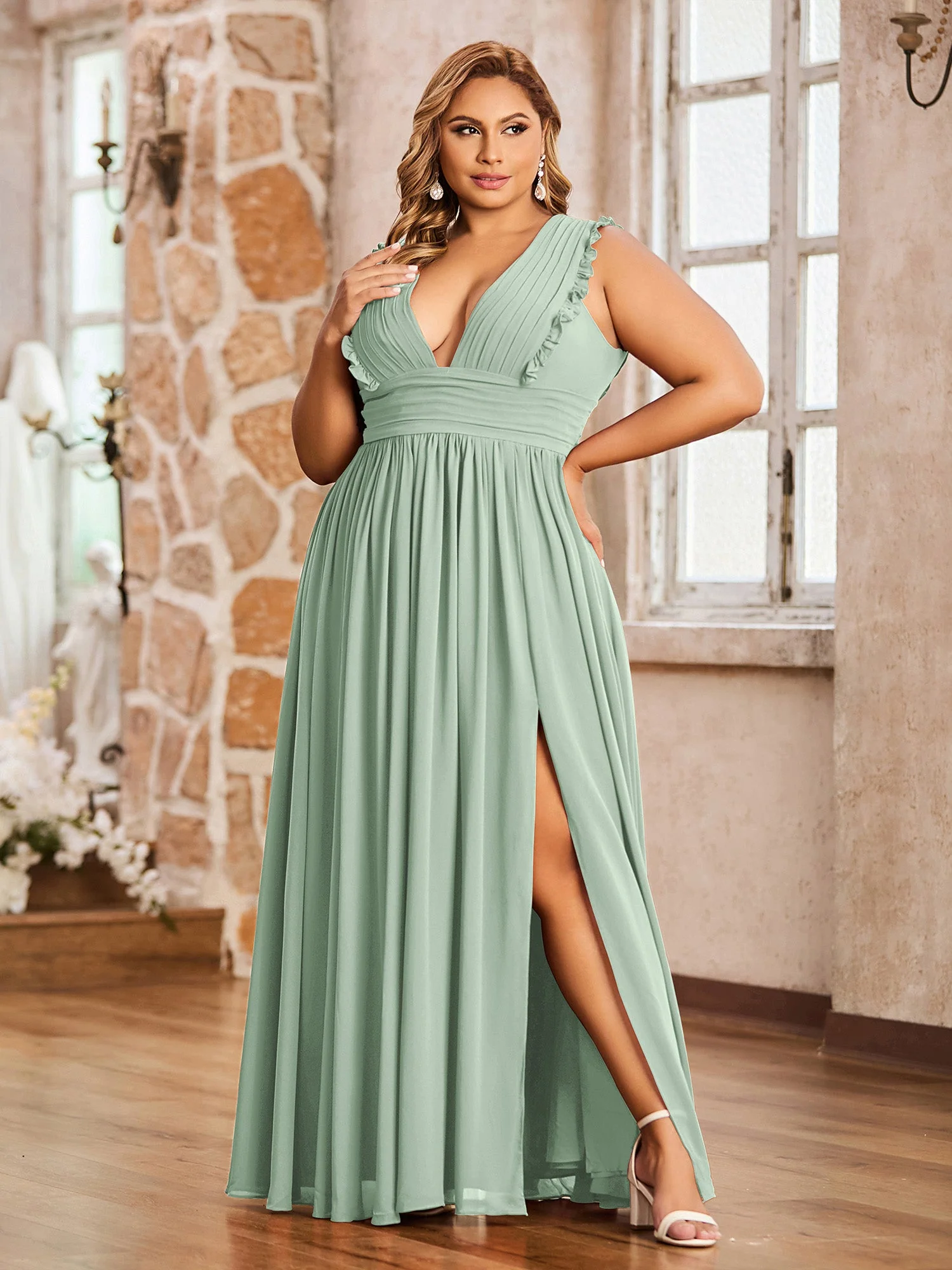 Tiefer V-Ausschnitt Rüschen Plissee Kleid mit Schlitz Agavengrün - Image 4