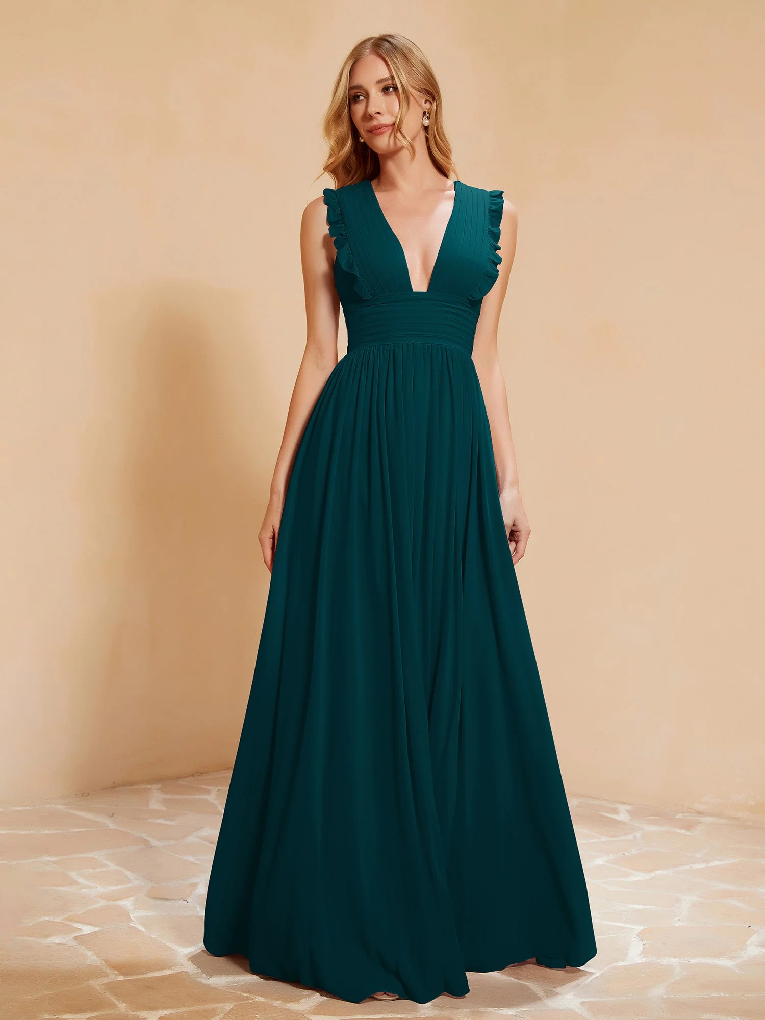 Tiefer V-Ausschnitt Rüschen Plissee Kleid mit Schlitz Kieferngrün