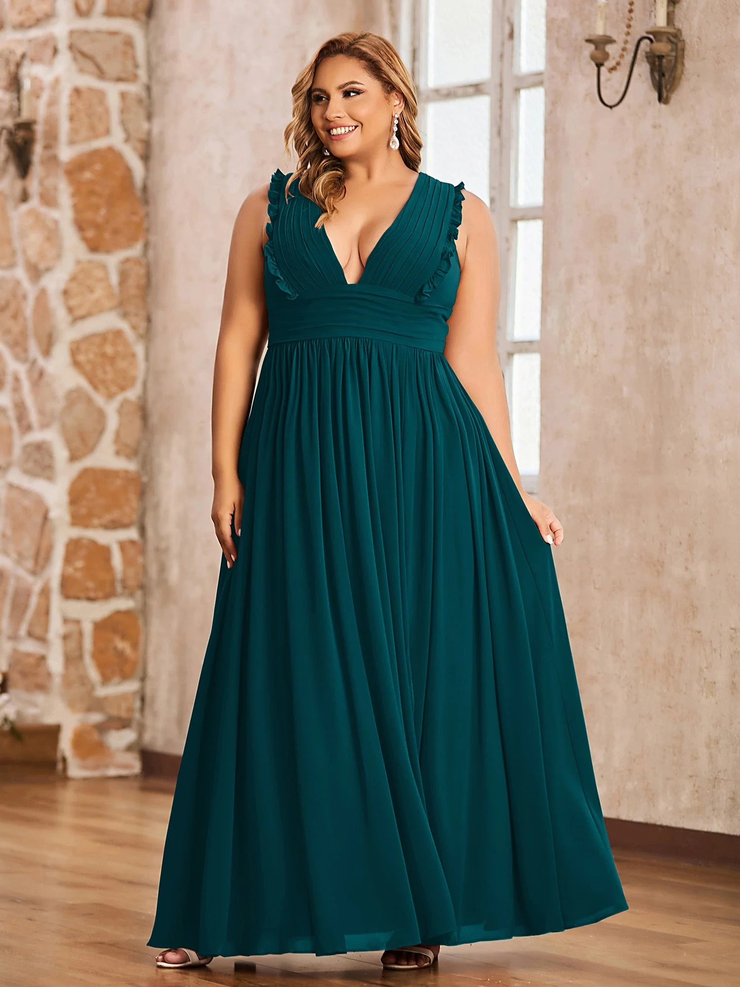 Tiefer V-Ausschnitt Rüschen Plissee Kleid mit Schlitz Kieferngrün - Image 6