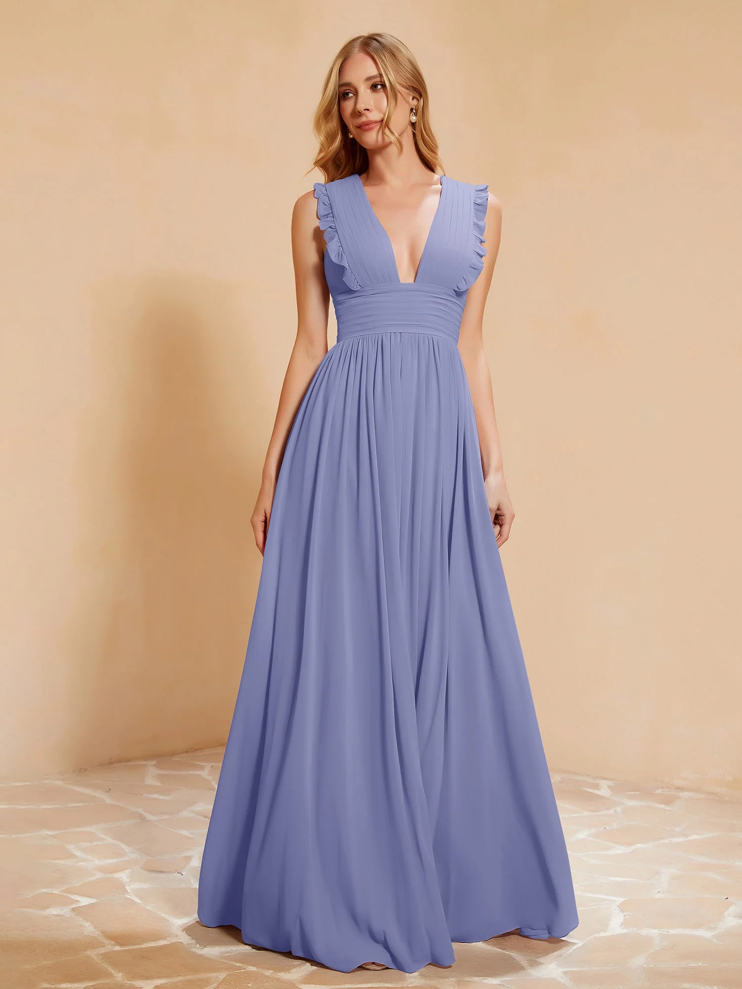 Tiefer V-Ausschnitt Rüschen Plissee Kleid mit Schlitz Periwinkleblau