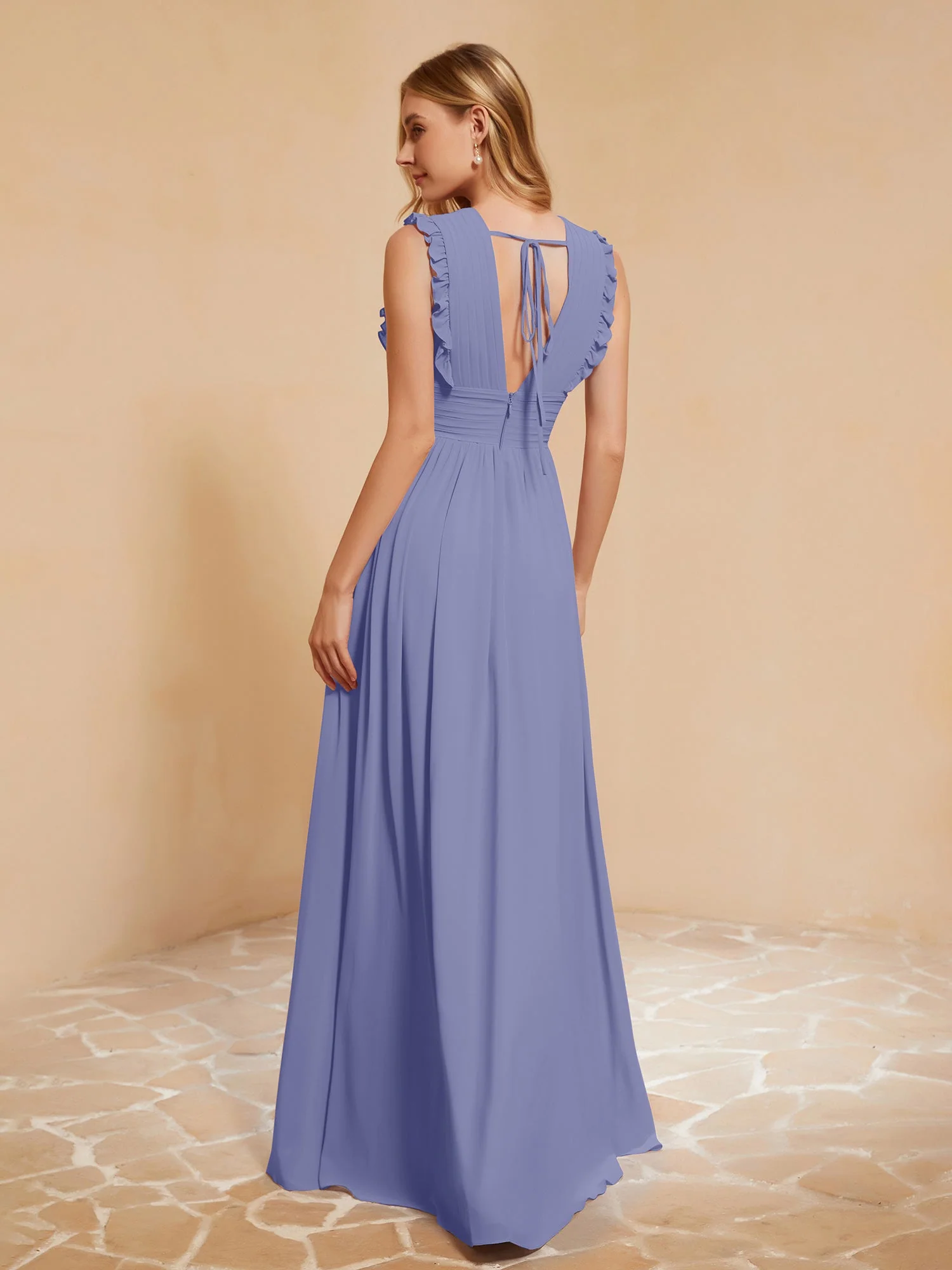Tiefer V-Ausschnitt Rüschen Plissee Kleid mit Schlitz Periwinkleblau - Image 2