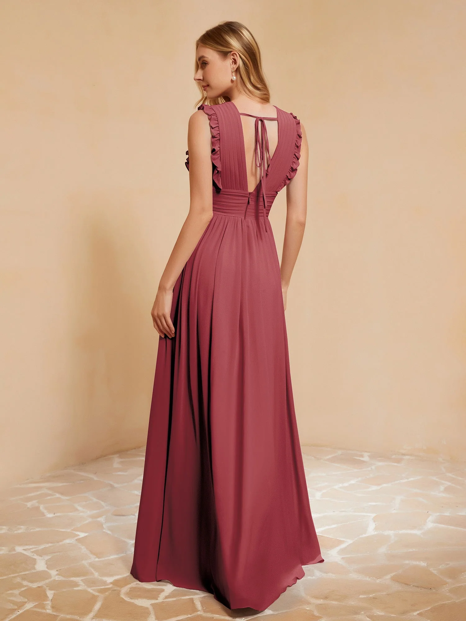 Tiefer V-Ausschnitt Rüschen Plissee Kleid mit Schlitz Zimtrose - Image 2