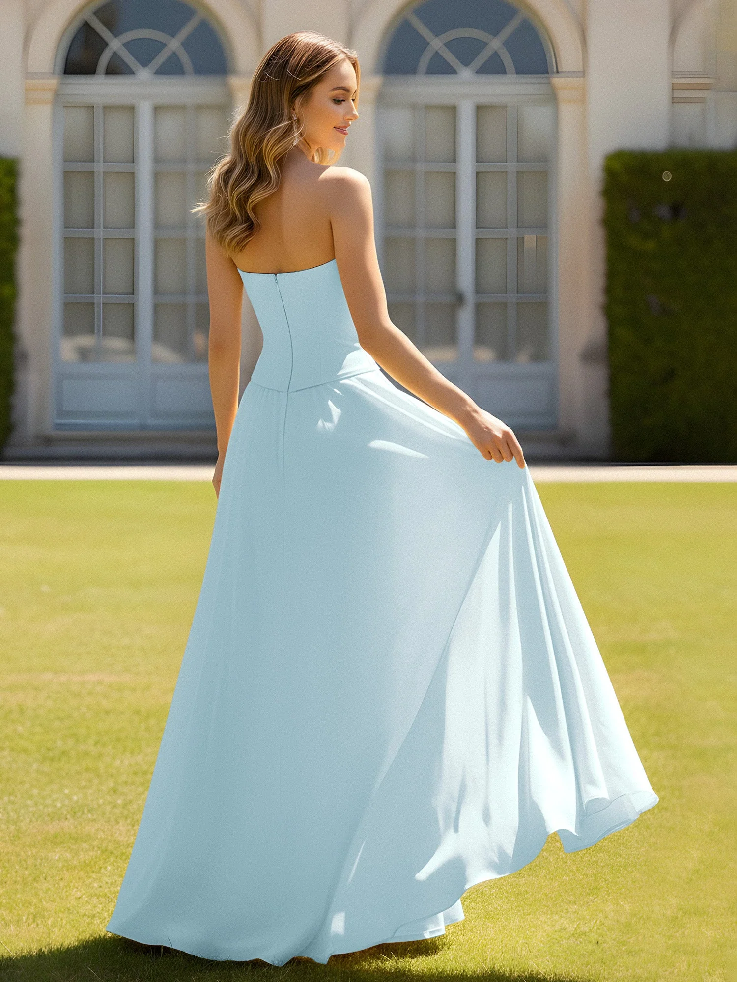 A-Linie Herzform Chiffon Minimal Ballkleid Nebel - Image 2