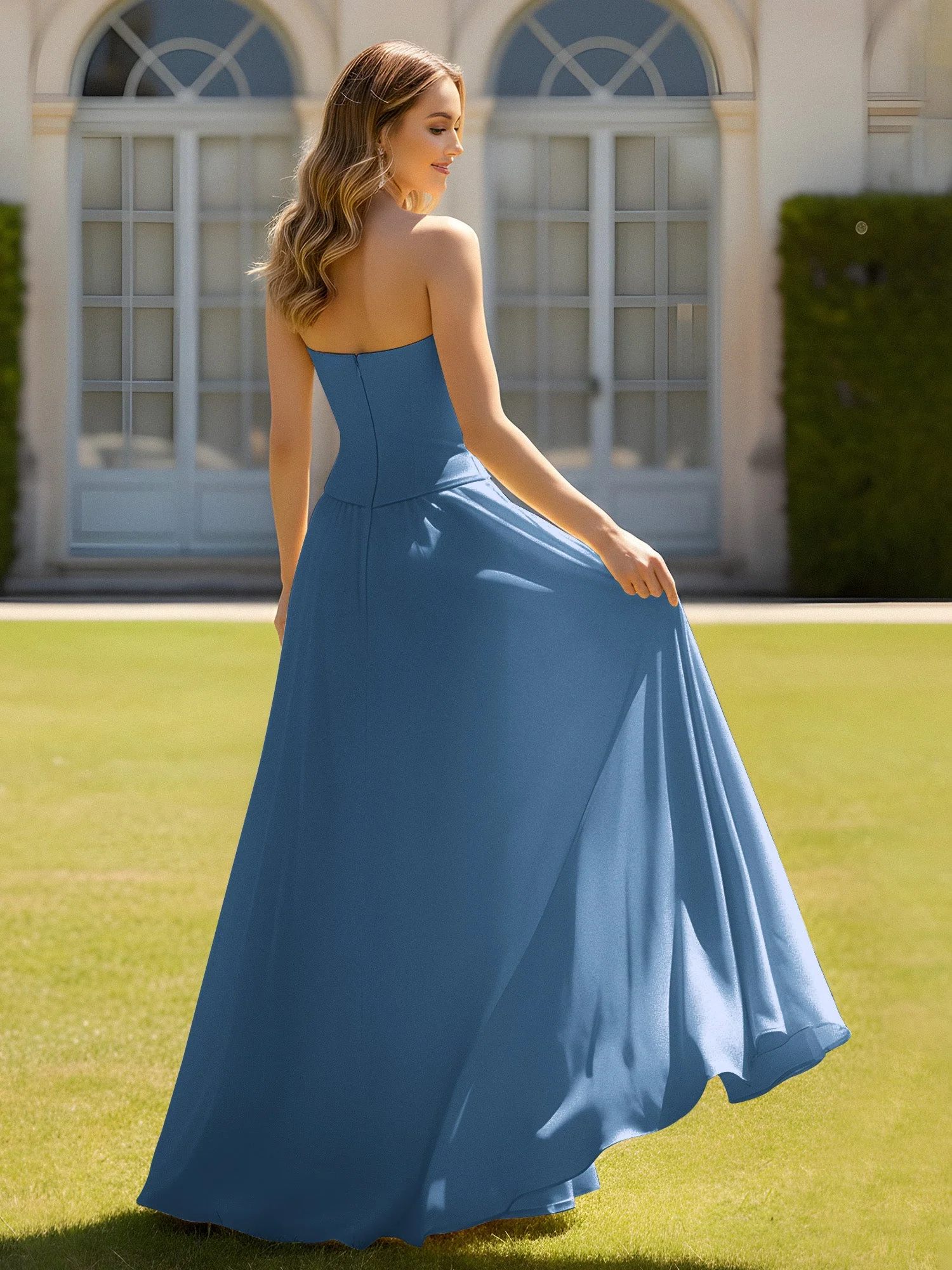 A-Linie Herzform Chiffon Minimal Ballkleid Schiefer Blau - Image 2