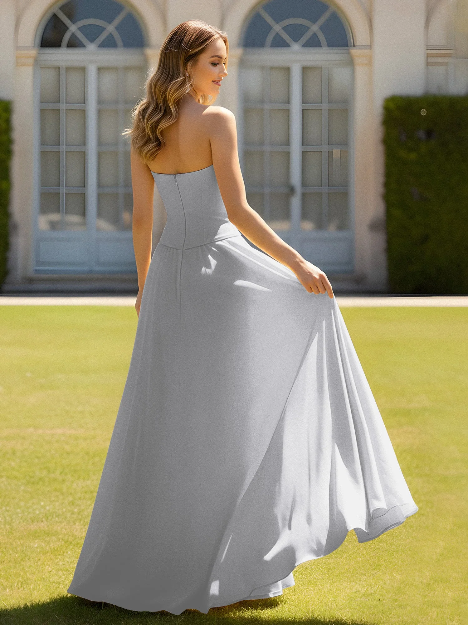A-Linie Herzform Chiffon Minimal Ballkleid Silber - Image 2