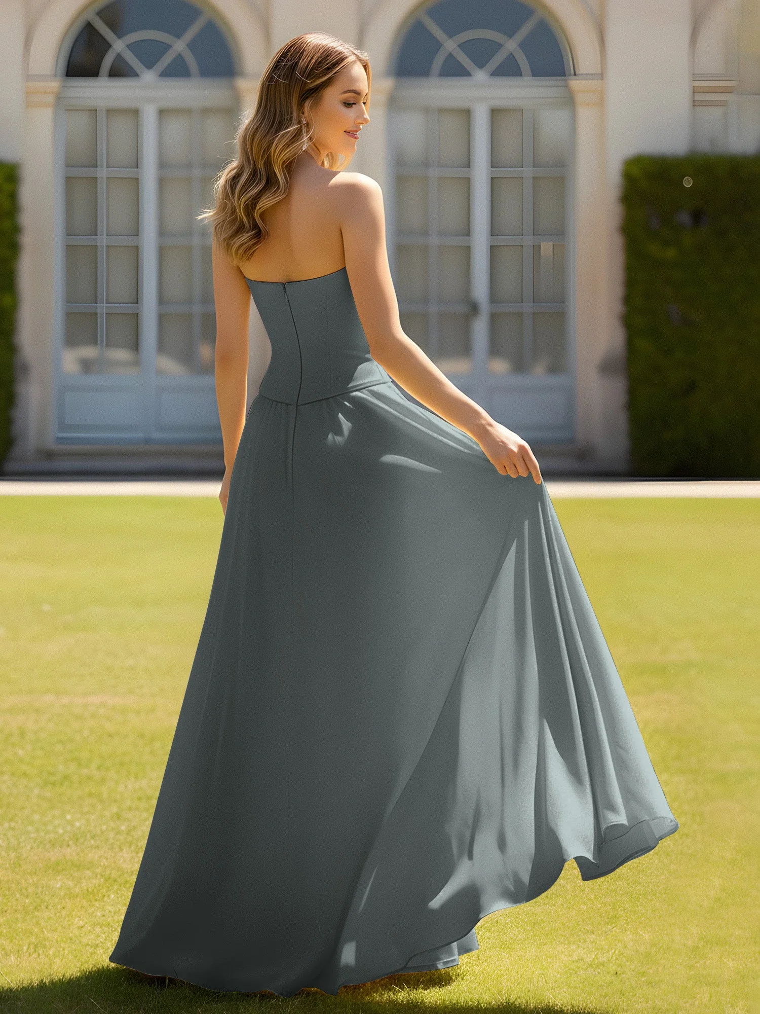 A-Linie Herzform Chiffon Minimal Ballkleid Stahlgrau - Image 2