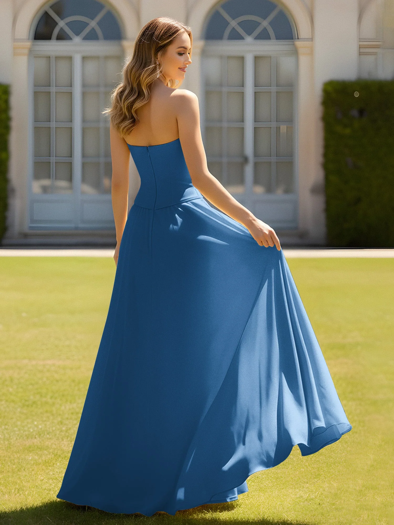 A-Linie Herzform Chiffon Minimal Ballkleid Tinte Blau - Image 2