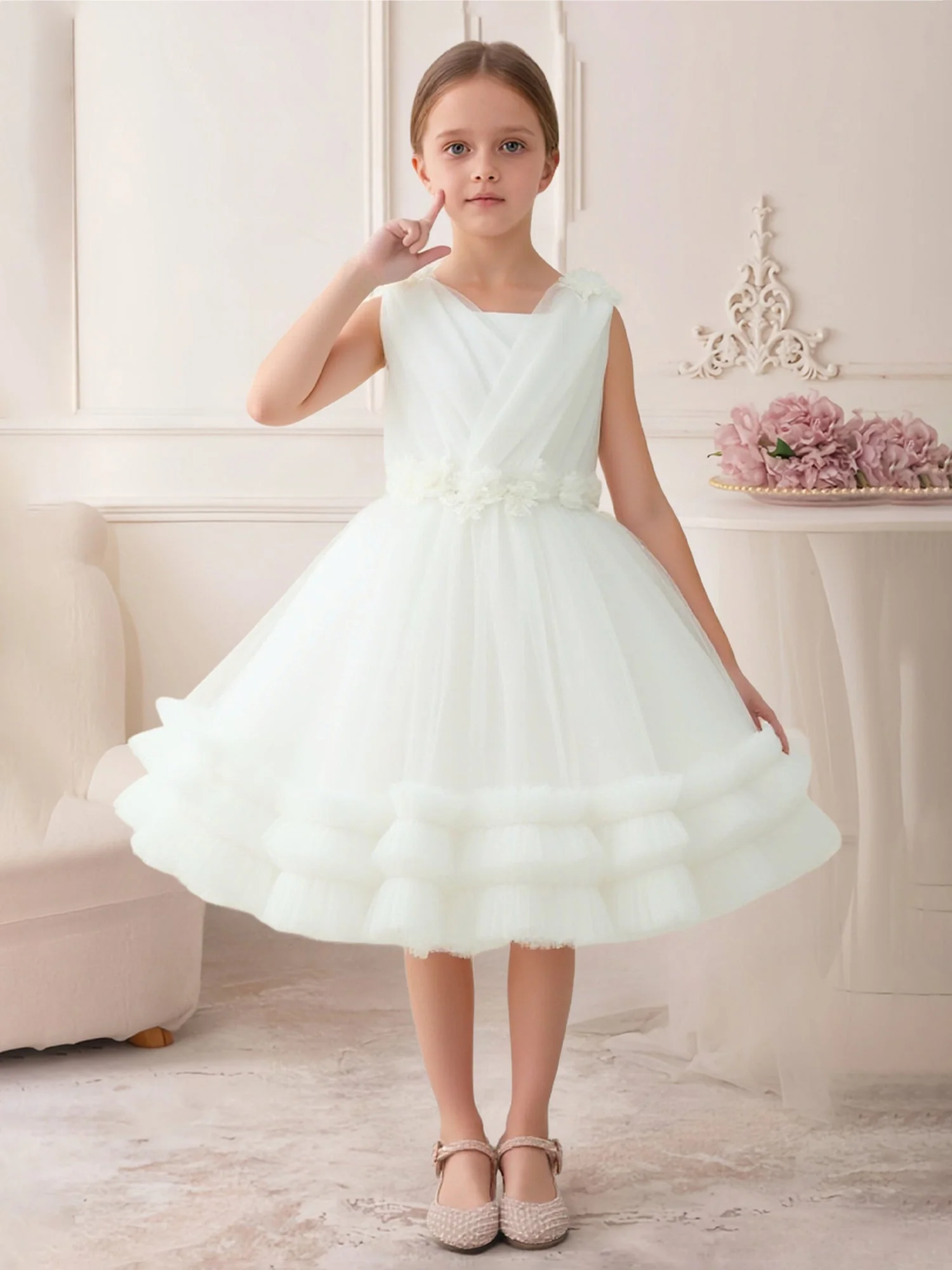 Rüschen Saum Tüll Rock Groß Schleife Rücken Blumenmädchen Kleid Elfenbein