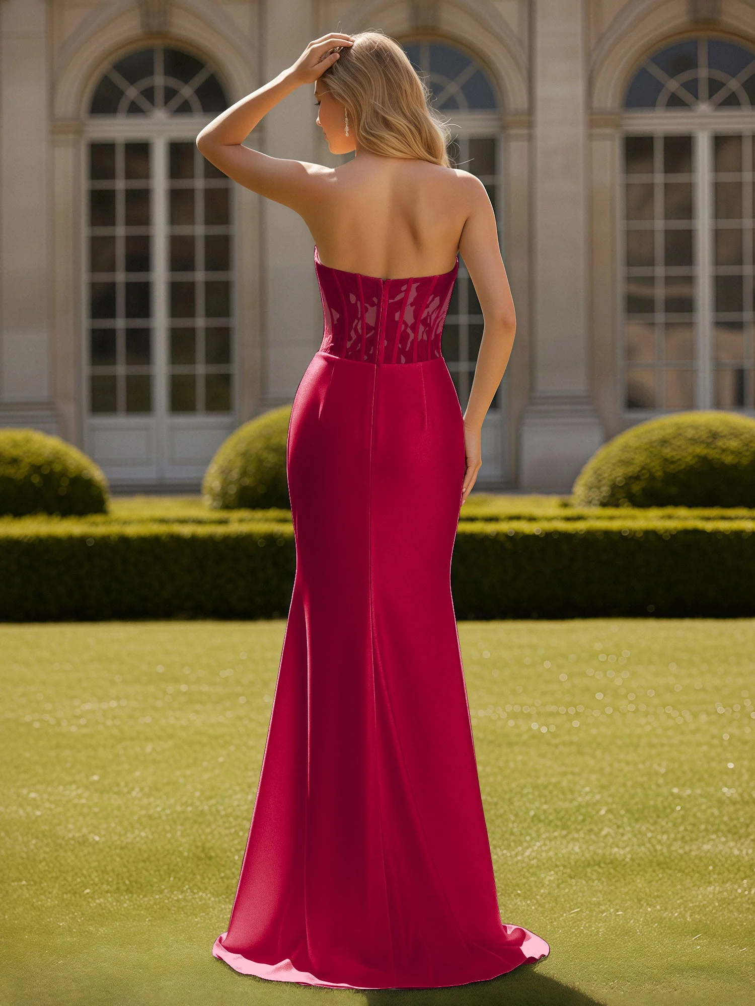 Meerjungfrau Spitze Herzform Plissee Ballkleid mit Schlitz Burgunderrot - Image 2