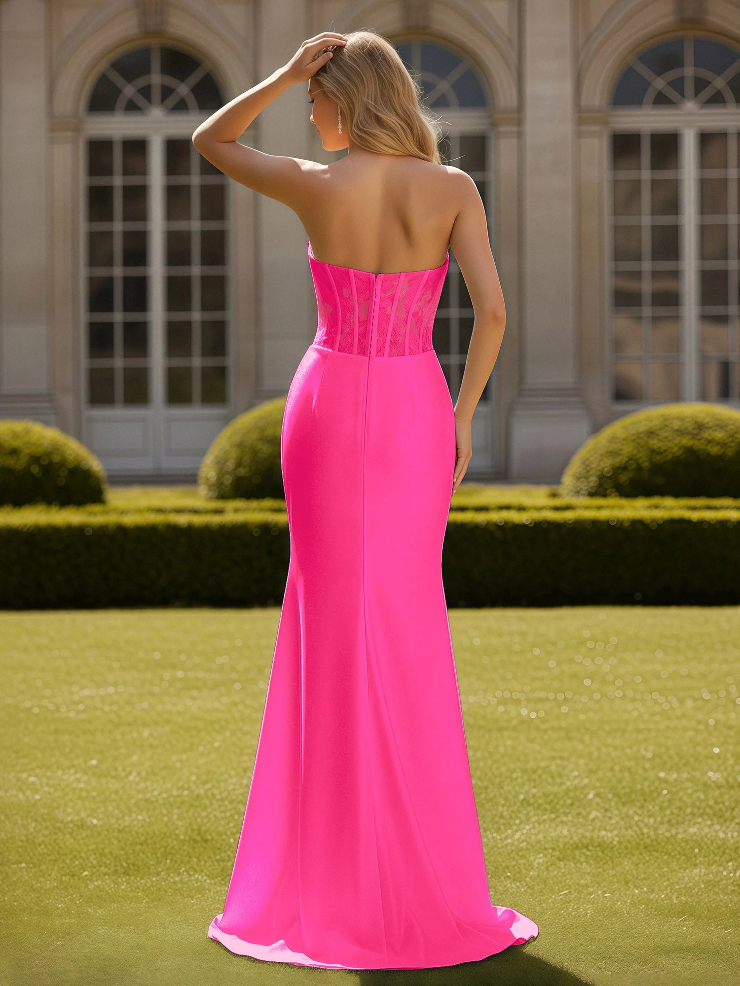 Meerjungfrau Spitze Herzform Plissee Ballkleid mit Schlitz Fuchsia - Image 2
