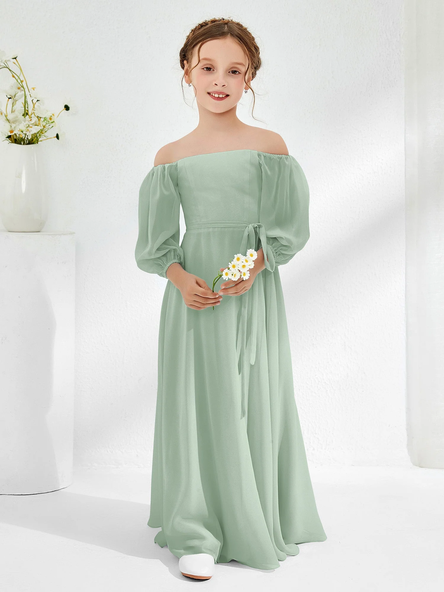 Trägerlos Bodenlang Chiffon Junge Brautjungfernkleider Agavengrün