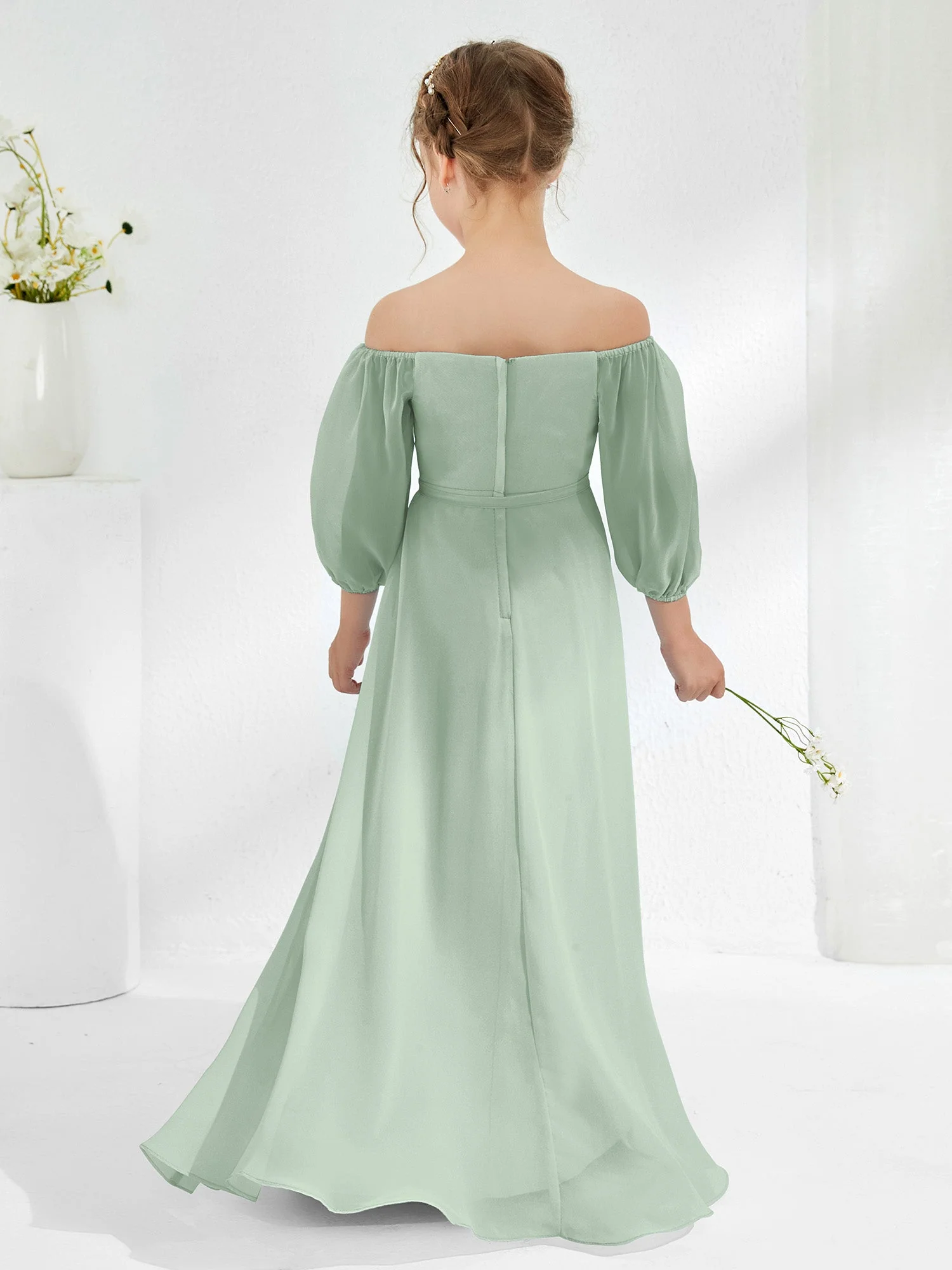 Trägerlos Bodenlang Chiffon Junge Brautjungfernkleider Agavengrün - Image 2
