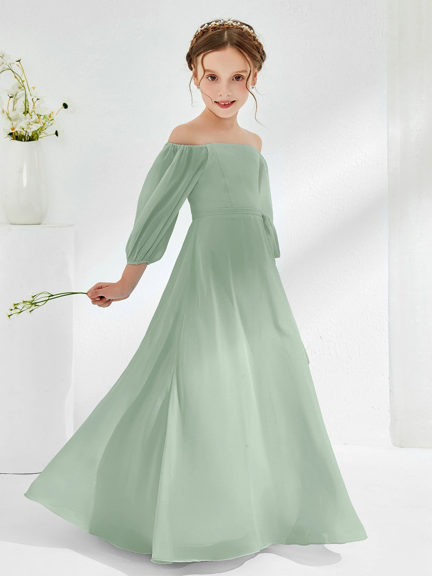 Trägerlos Bodenlang Chiffon Junge Brautjungfernkleider Agavengrün - Image 3