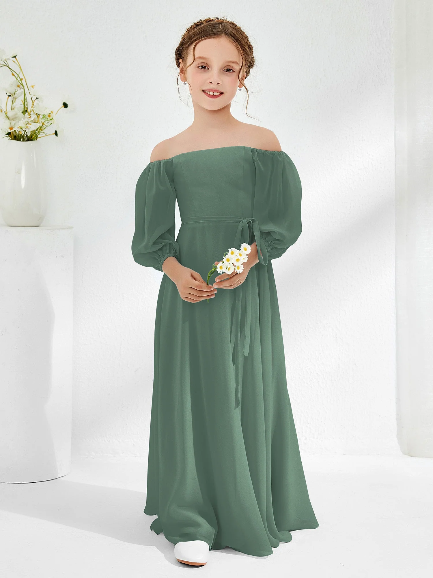 Trägerlos Bodenlang Chiffon Junge Brautjungfernkleider Eukalyptus