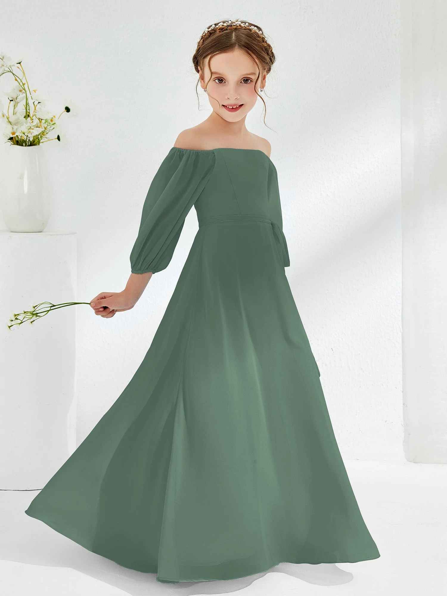 Trägerlos Bodenlang Chiffon Junge Brautjungfernkleider Eukalyptus - Image 3