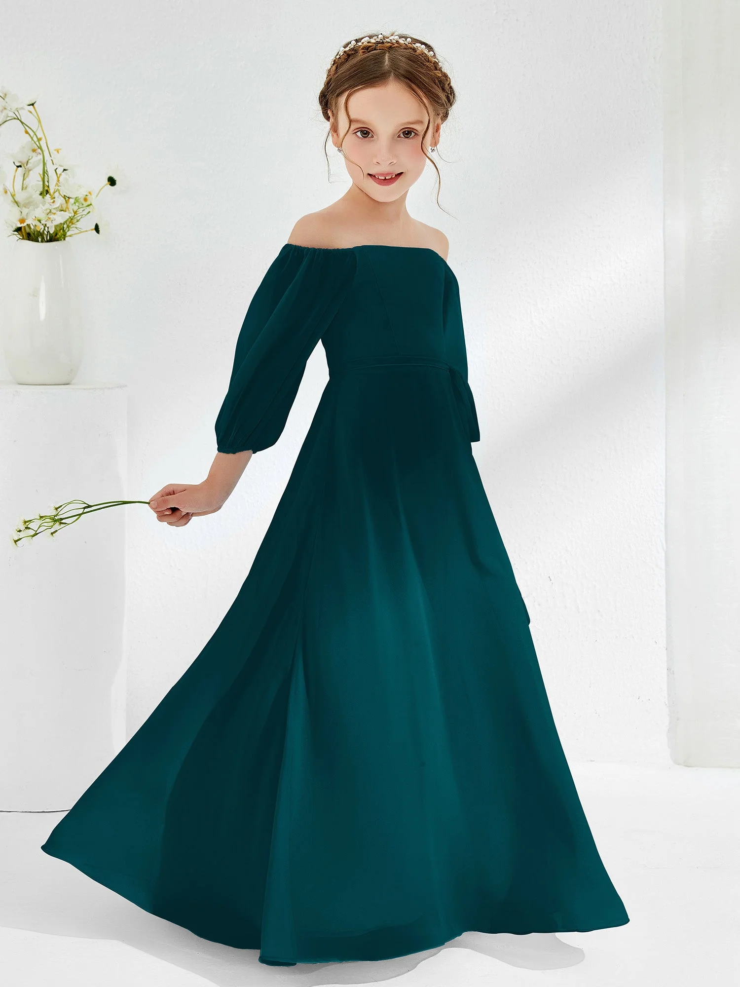 Trägerlos Bodenlang Chiffon Junge Brautjungfernkleider Kieferngrün - Image 3