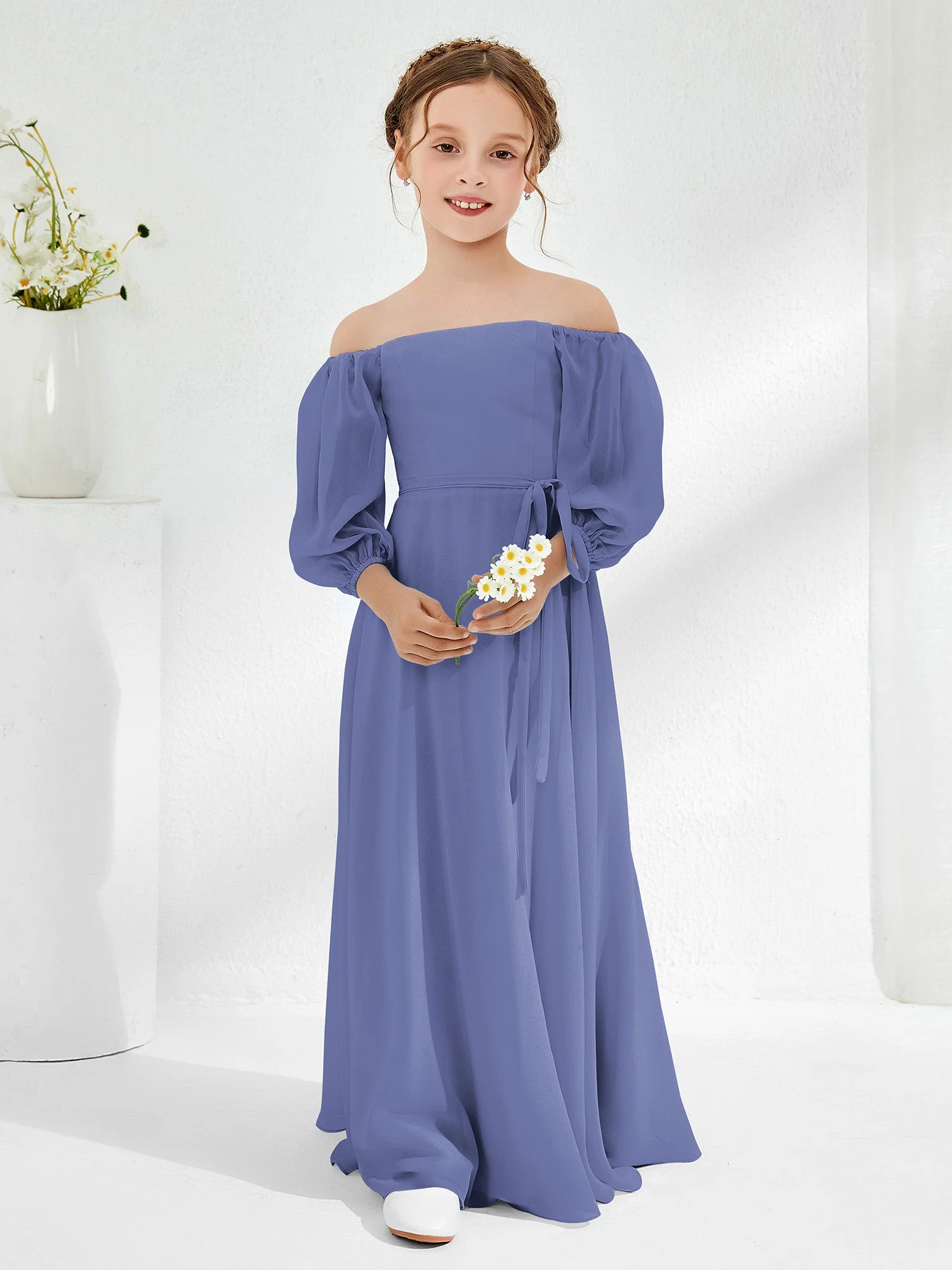 Trägerlos Bodenlang Chiffon Junge Brautjungfernkleider Periwinkleblau