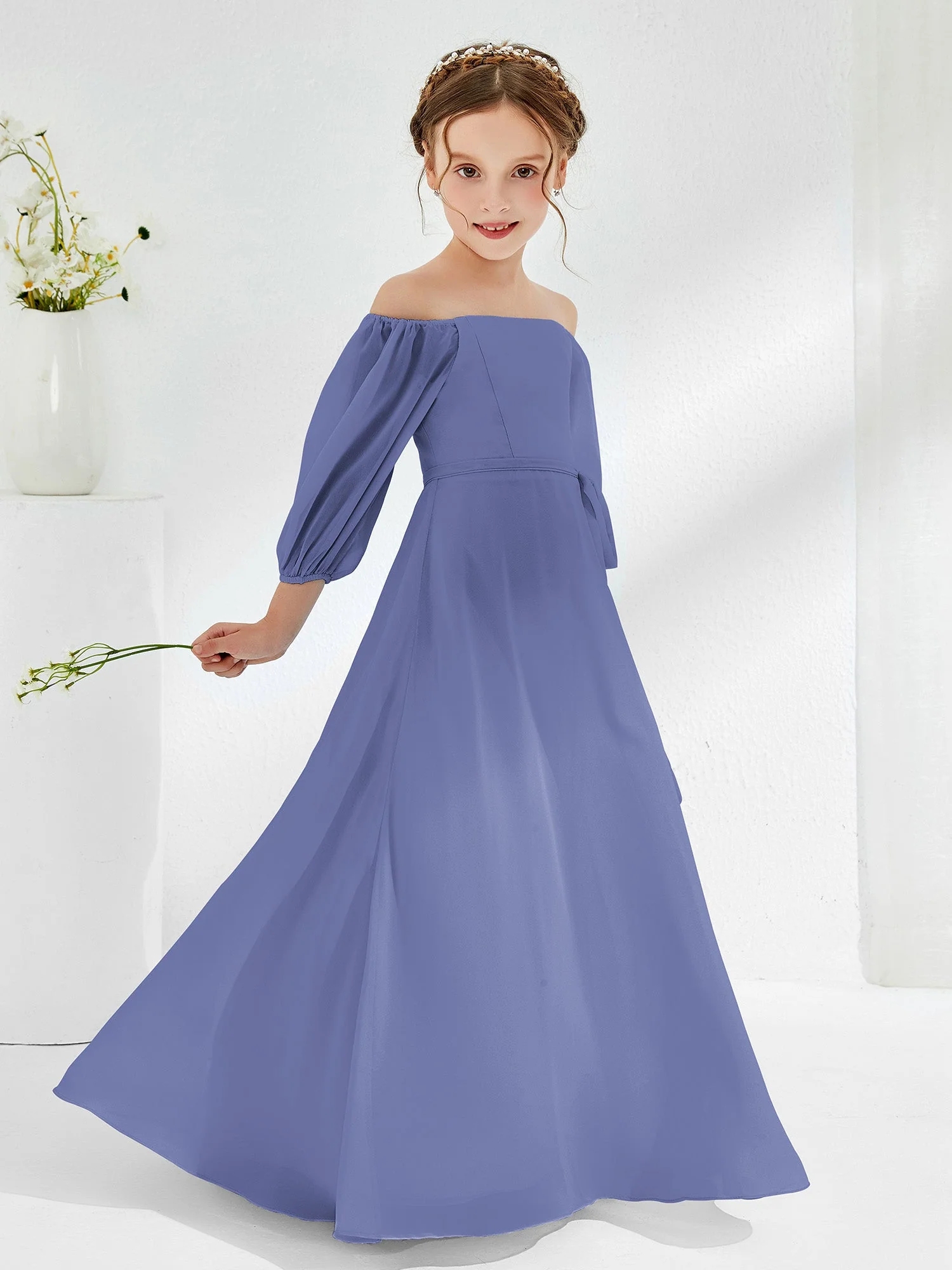 Trägerlos Bodenlang Chiffon Junge Brautjungfernkleider Periwinkleblau - Image 3