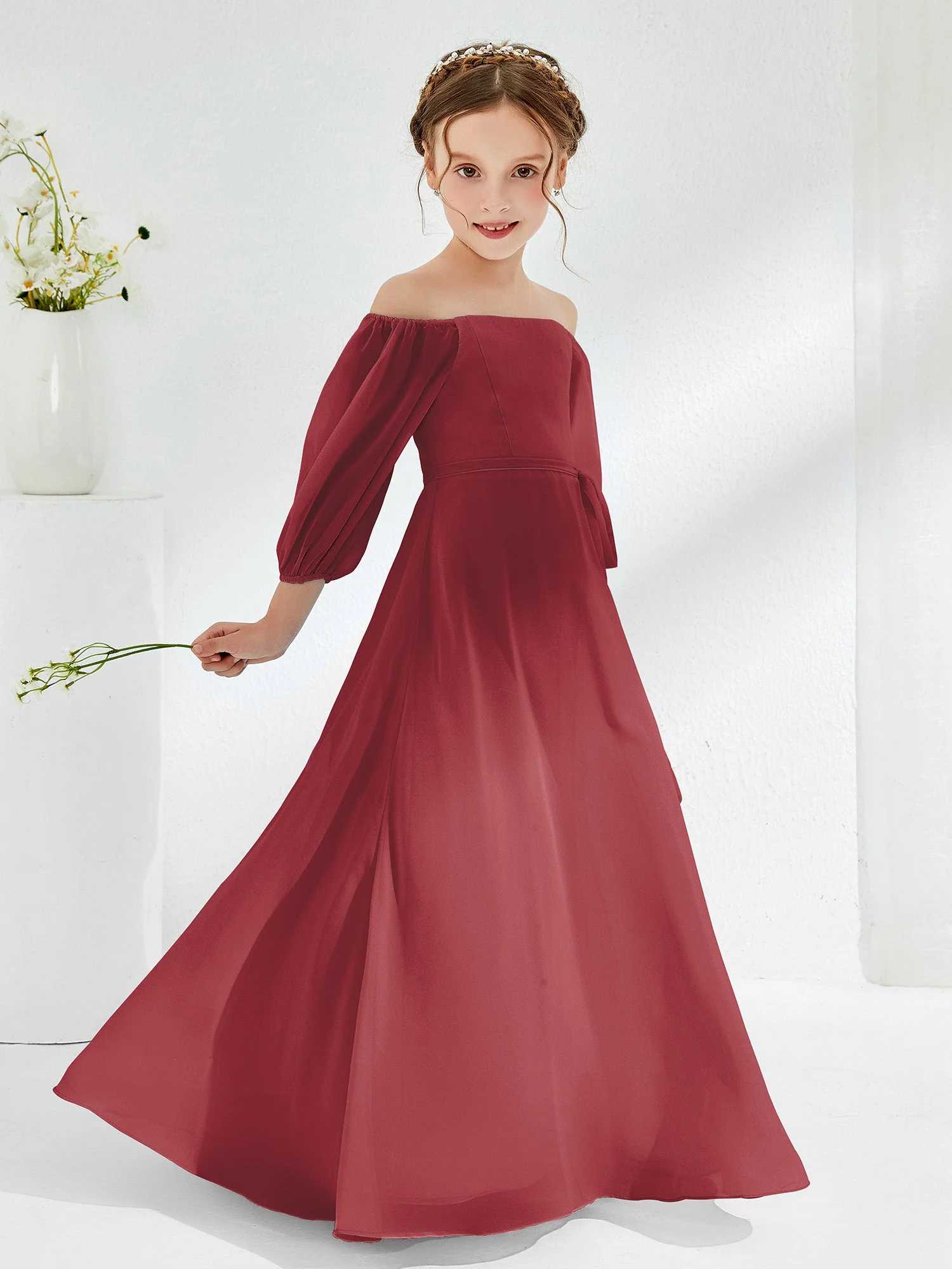 Trägerlos Bodenlang Chiffon Junge Brautjungfernkleider Zimtrose - Image 3