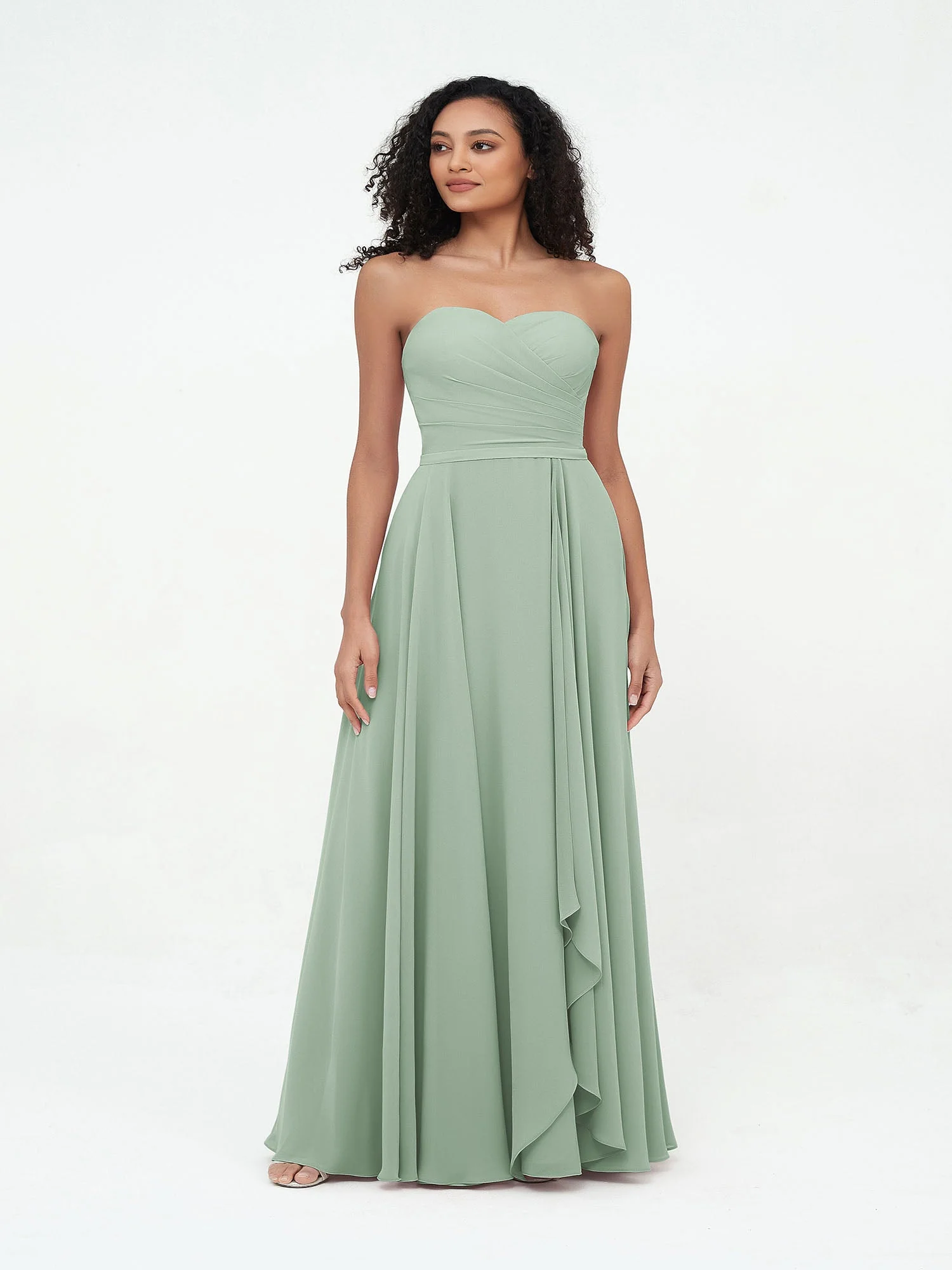 Trägerlos Herzausschnitt Chiffon Lang Kleider Agavengrün