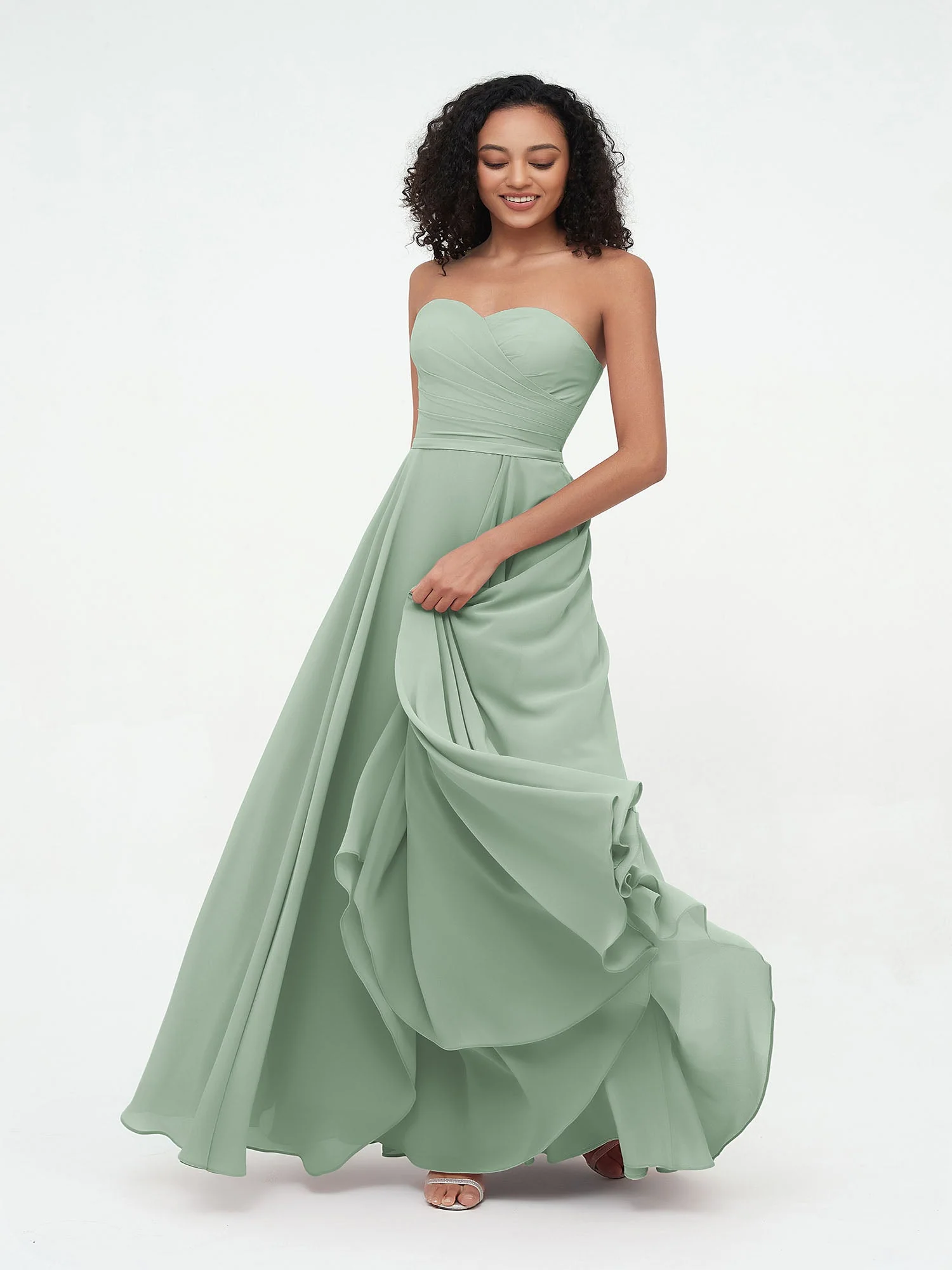 Trägerlos Herzausschnitt Chiffon Lang Kleider Agavengrün - Image 3