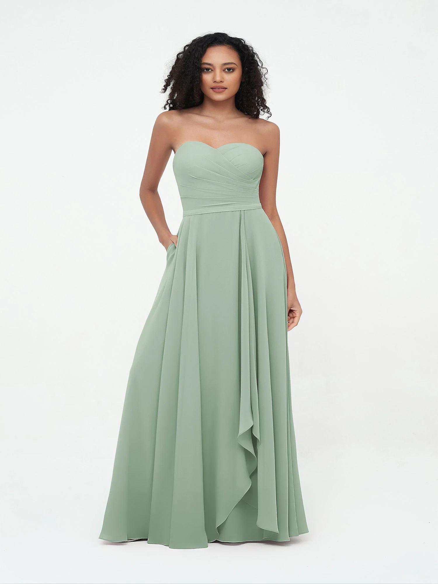 Trägerlos Herzausschnitt Chiffon Lang Kleider Agavengrün - Image 4