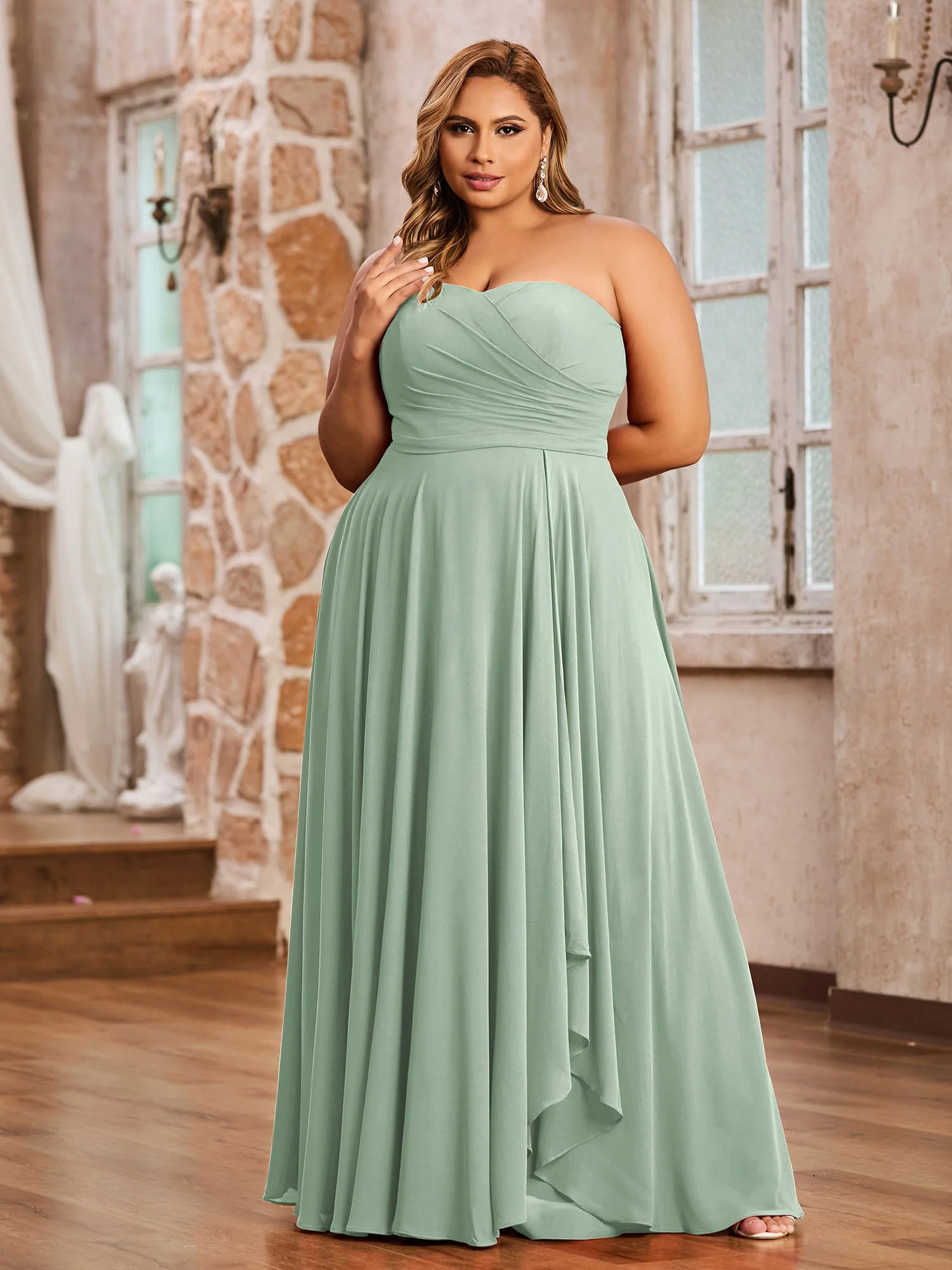 Trägerlos Herzausschnitt Chiffon Lang Kleider Agavengrün - Image 6