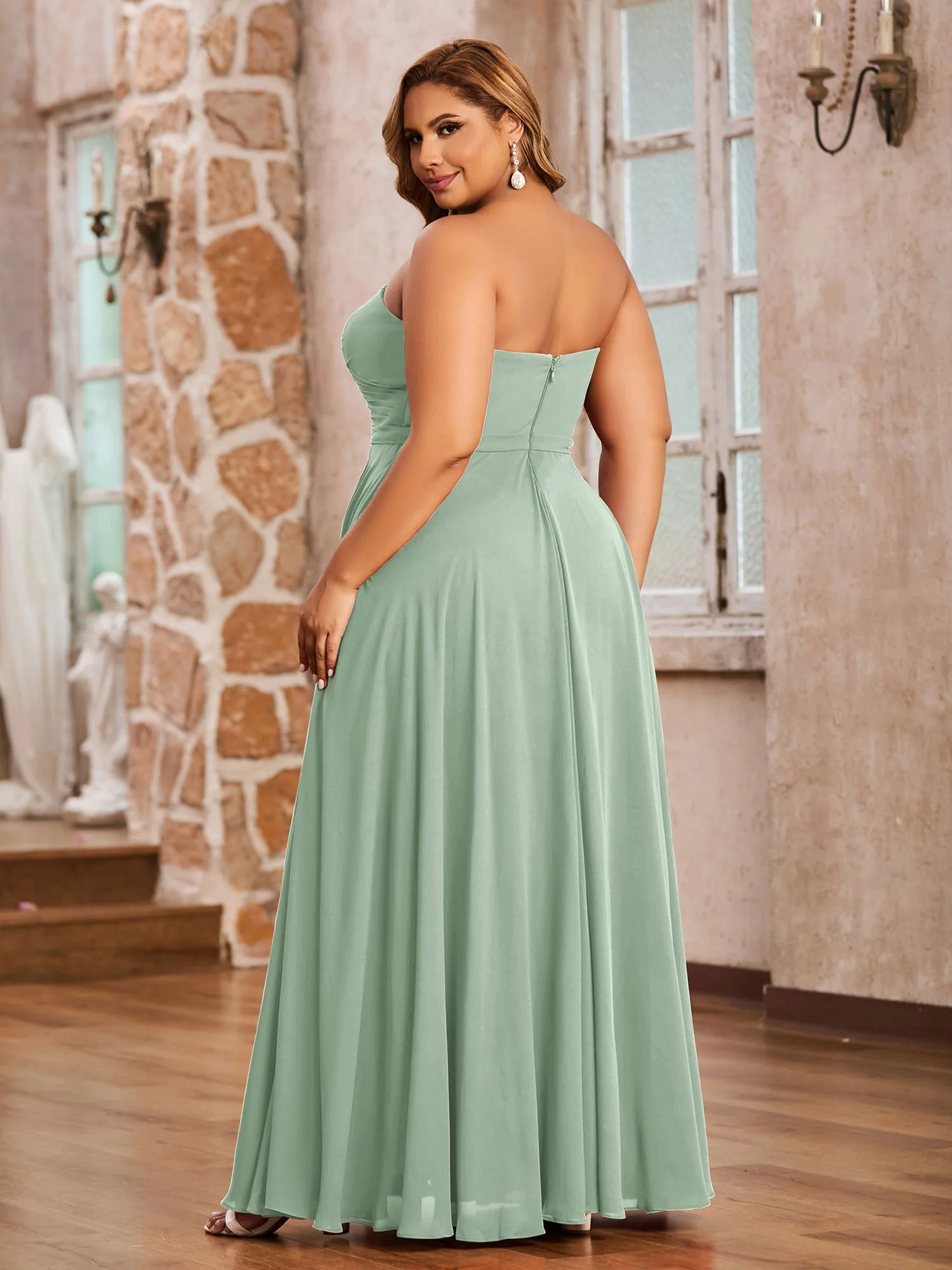 Trägerlos Herzausschnitt Chiffon Lang Kleider Agavengrün - Image 7