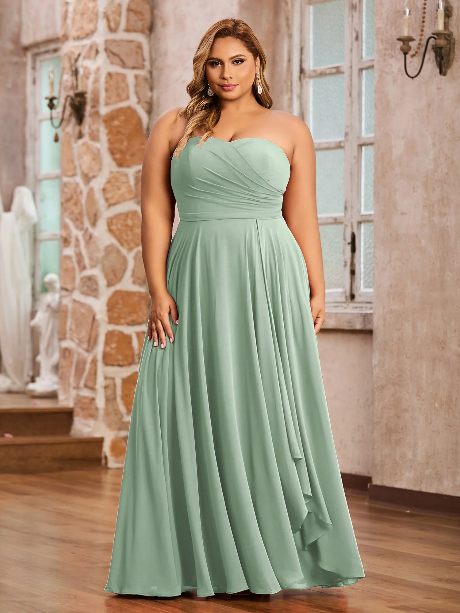 Trägerlos Herzausschnitt Chiffon Lang Kleider Agavengrün - Image 8