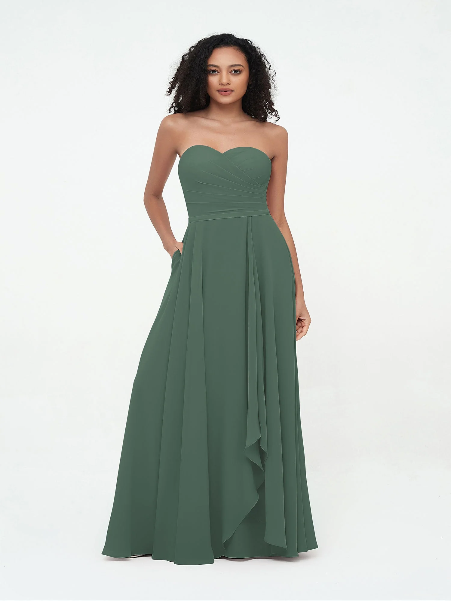 Trägerlos Herzausschnitt Chiffon Lang Kleider Eukalyptus - Image 4