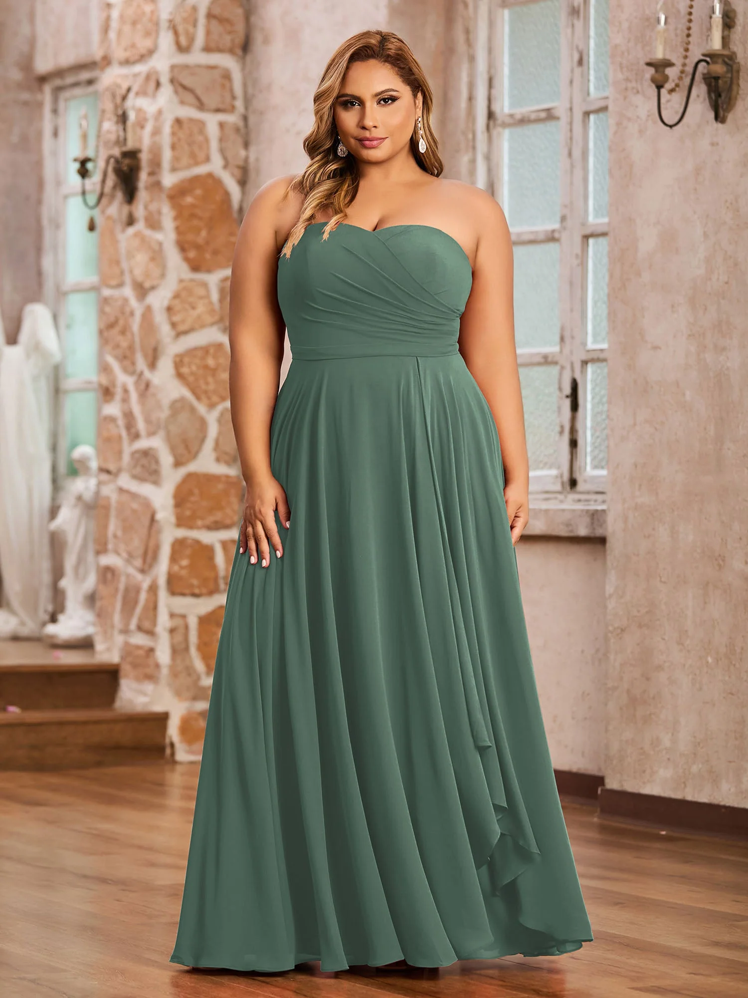 Trägerlos Herzausschnitt Chiffon Lang Kleider Eukalyptus - Image 8
