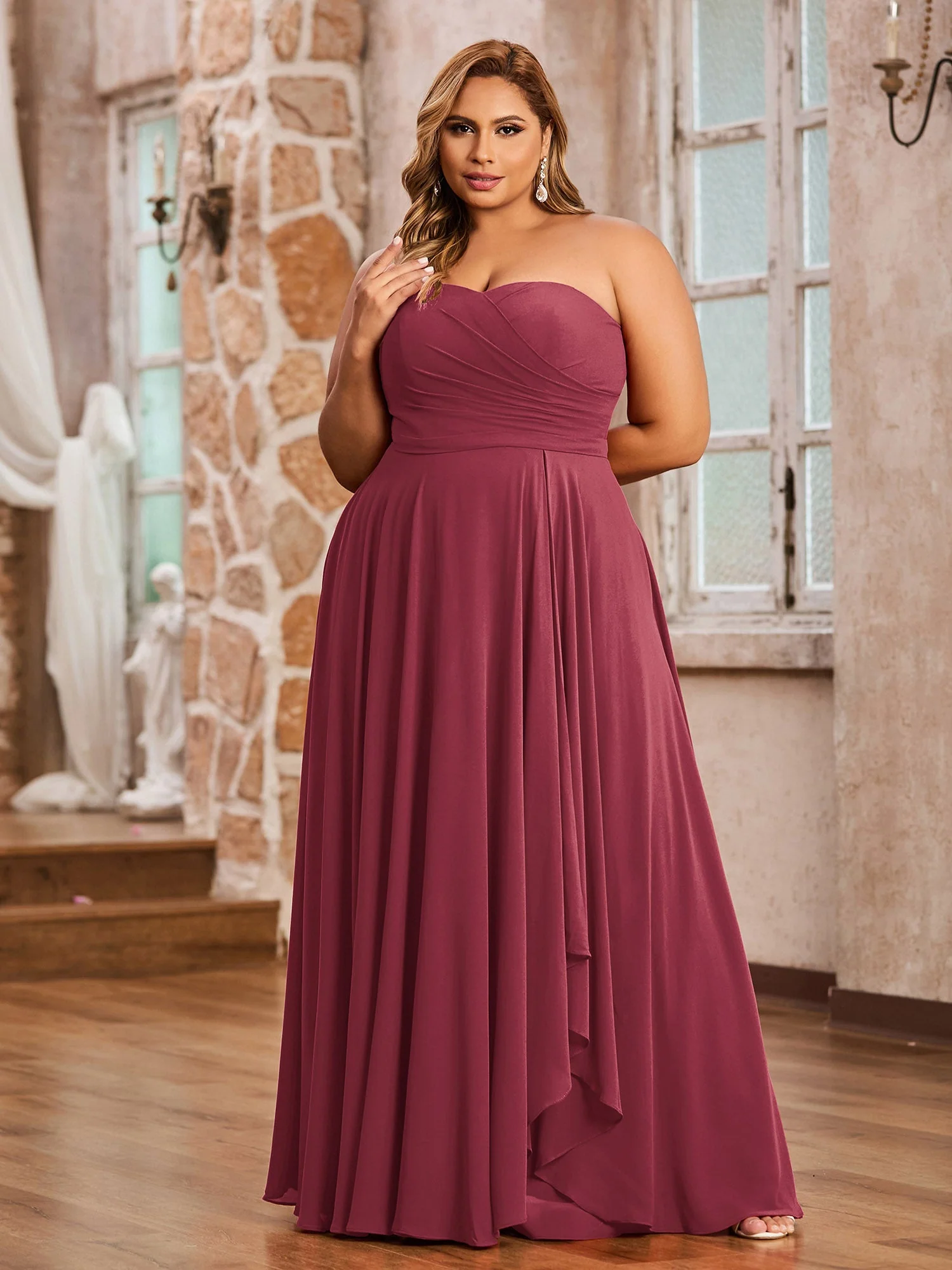 Trägerlos Herzausschnitt Chiffon Lang Kleider Zimtrose