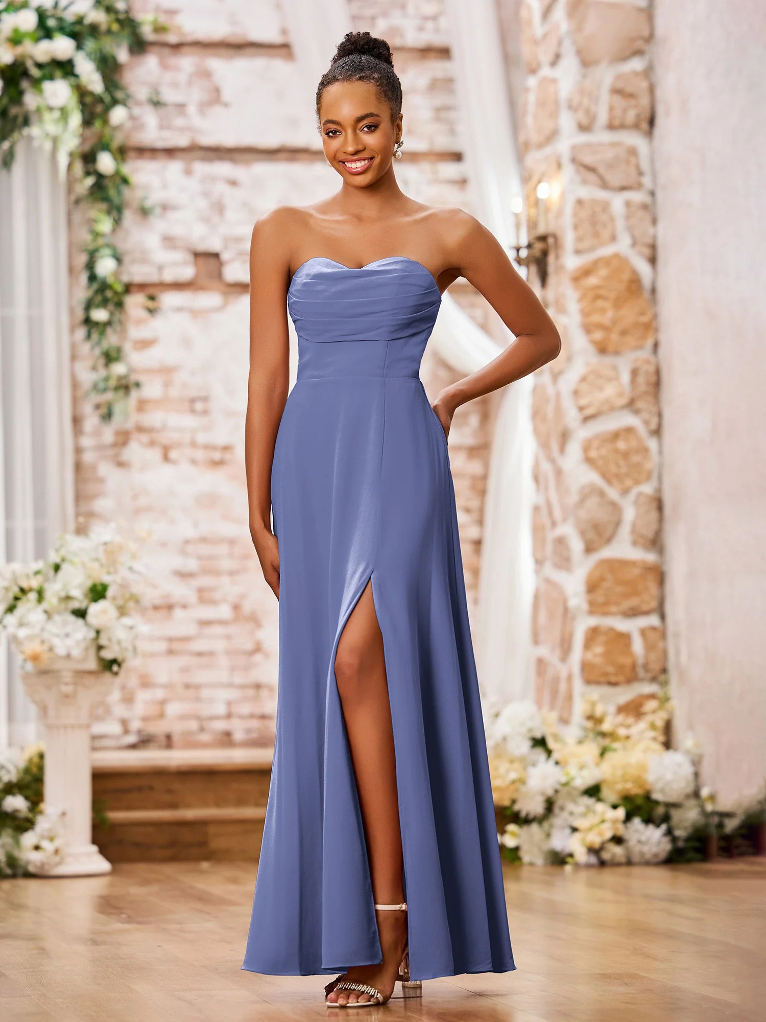 Trägerlos Herzform A-Linie Chiffon Maxi Kleider Periwinkleblau