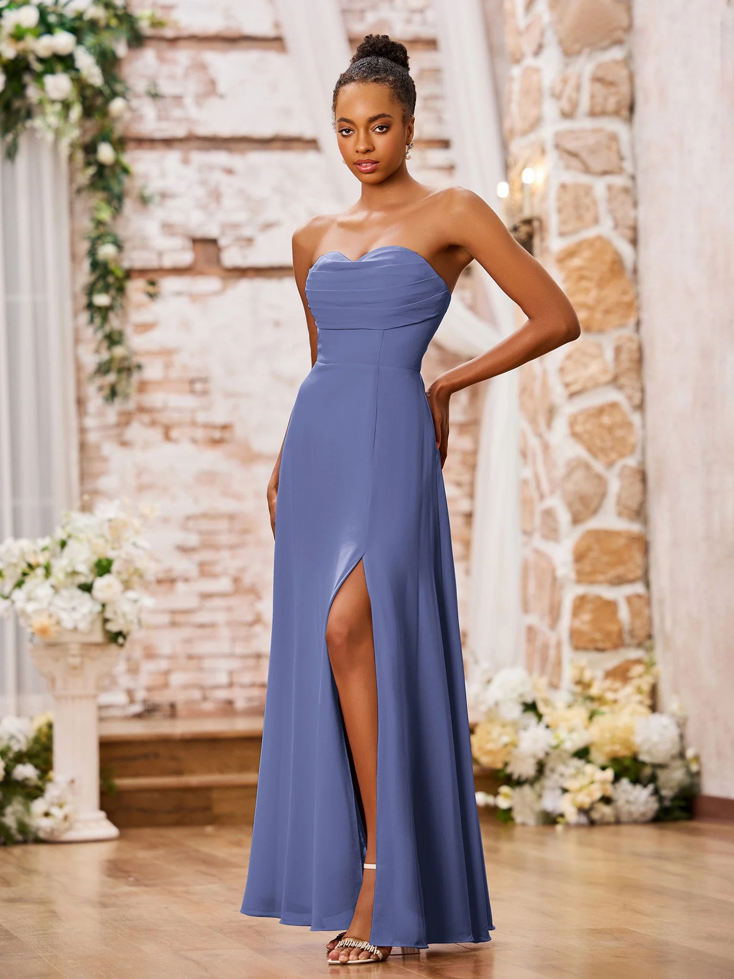 Trägerlos Herzform A-Linie Chiffon Maxi Kleider Periwinkleblau - Image 3