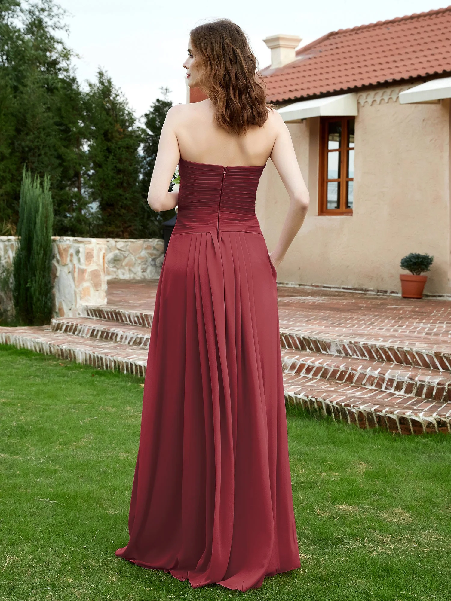 TrÀgerloser Ausschnitt Herz-Ausschnitt Chiffon Brautjungfernkleid Zimtrose - Image 2