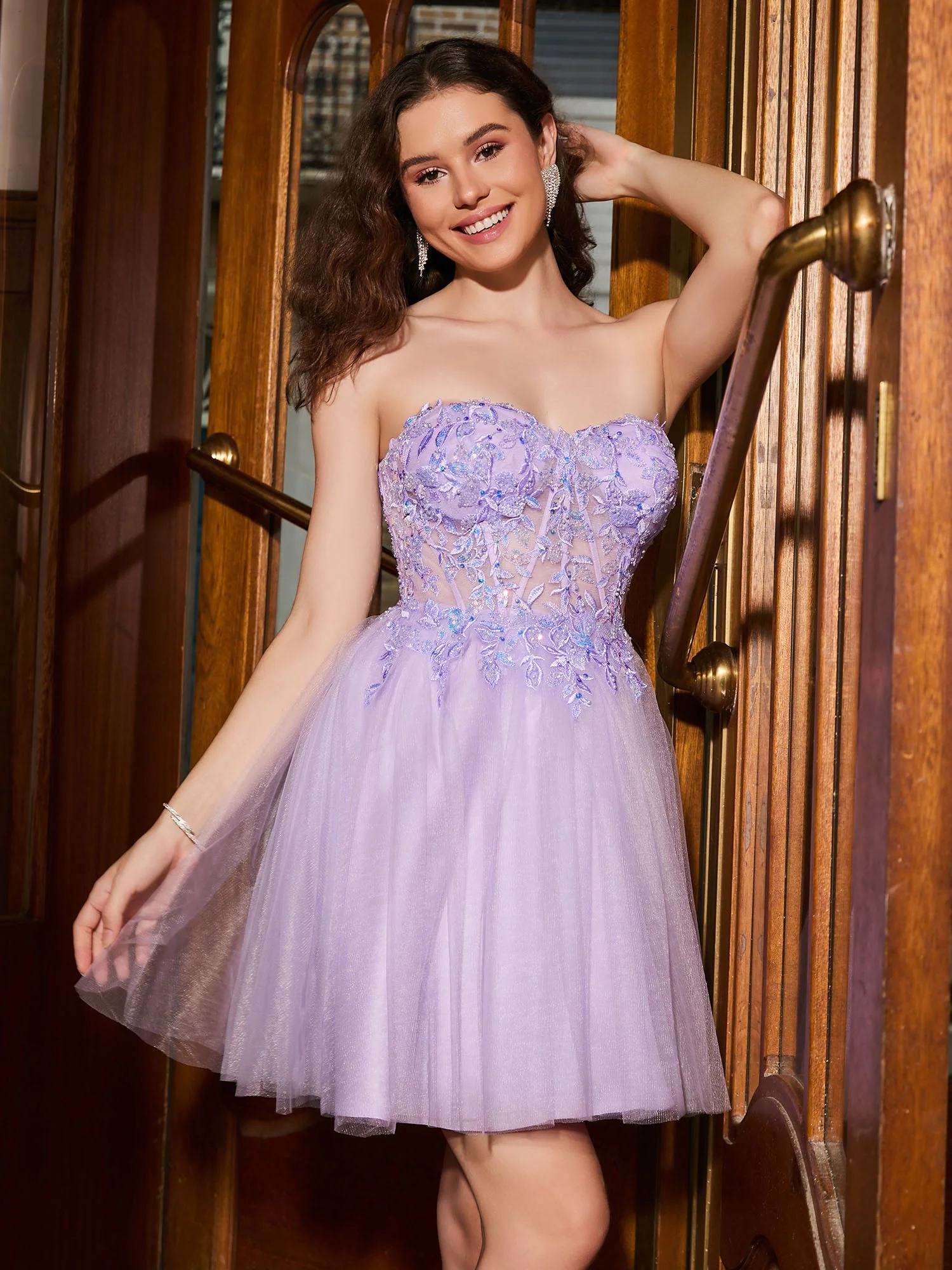 Transparente Korsett Herzausschnitt Tüll Kurzes Kleid Lila - Image 4
